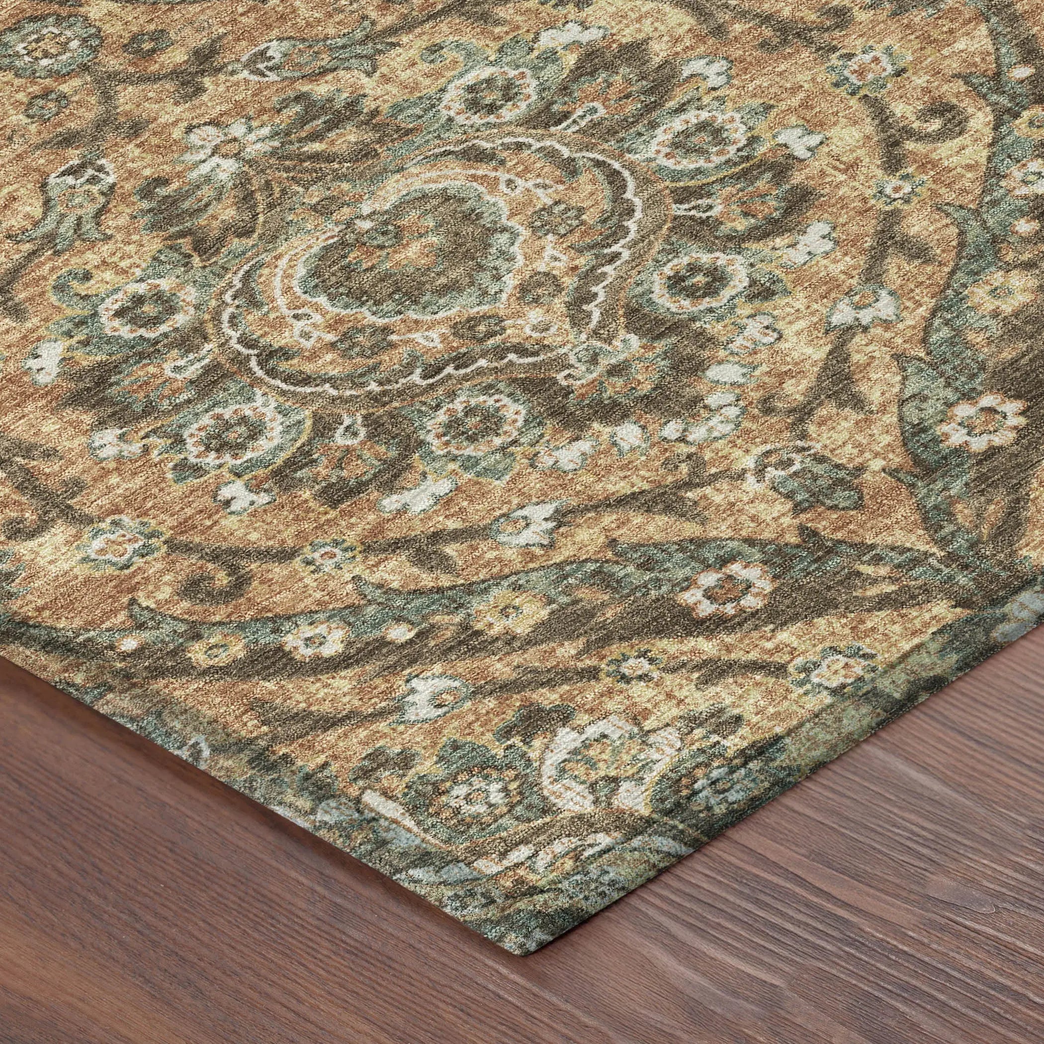 8' Copper And Gold Round Floral Washable Indoor Outdoor Area Rug Homeroots Outdoor
