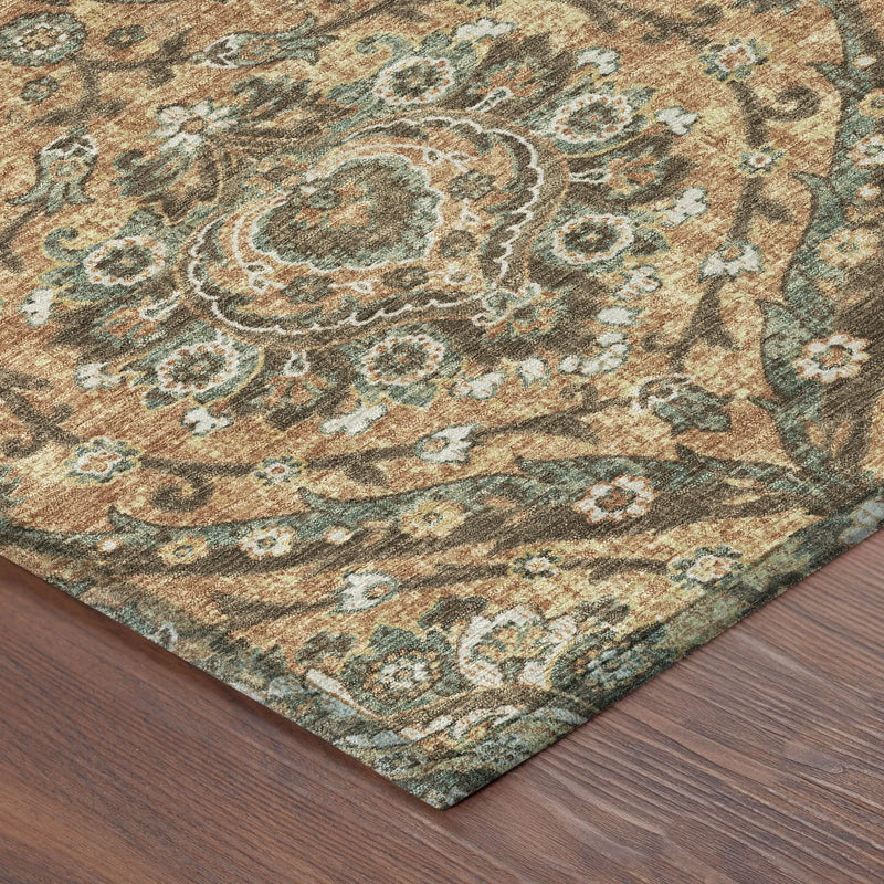 8' Copper And Gold Round Floral Washable Indoor Outdoor Area Rug Homeroots Outdoor