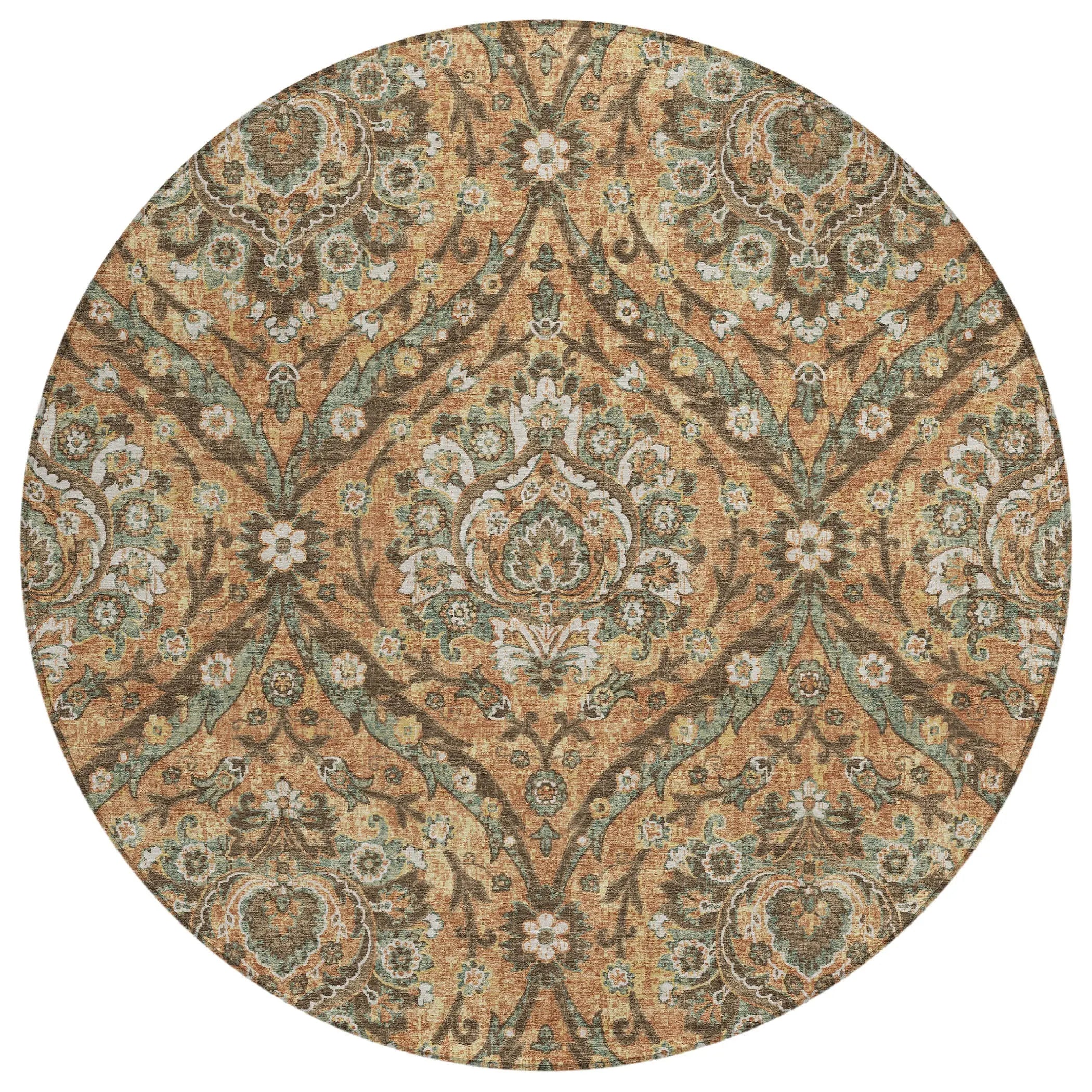 8' Copper And Gold Round Floral Washable Indoor Outdoor Area Rug Homeroots Outdoor