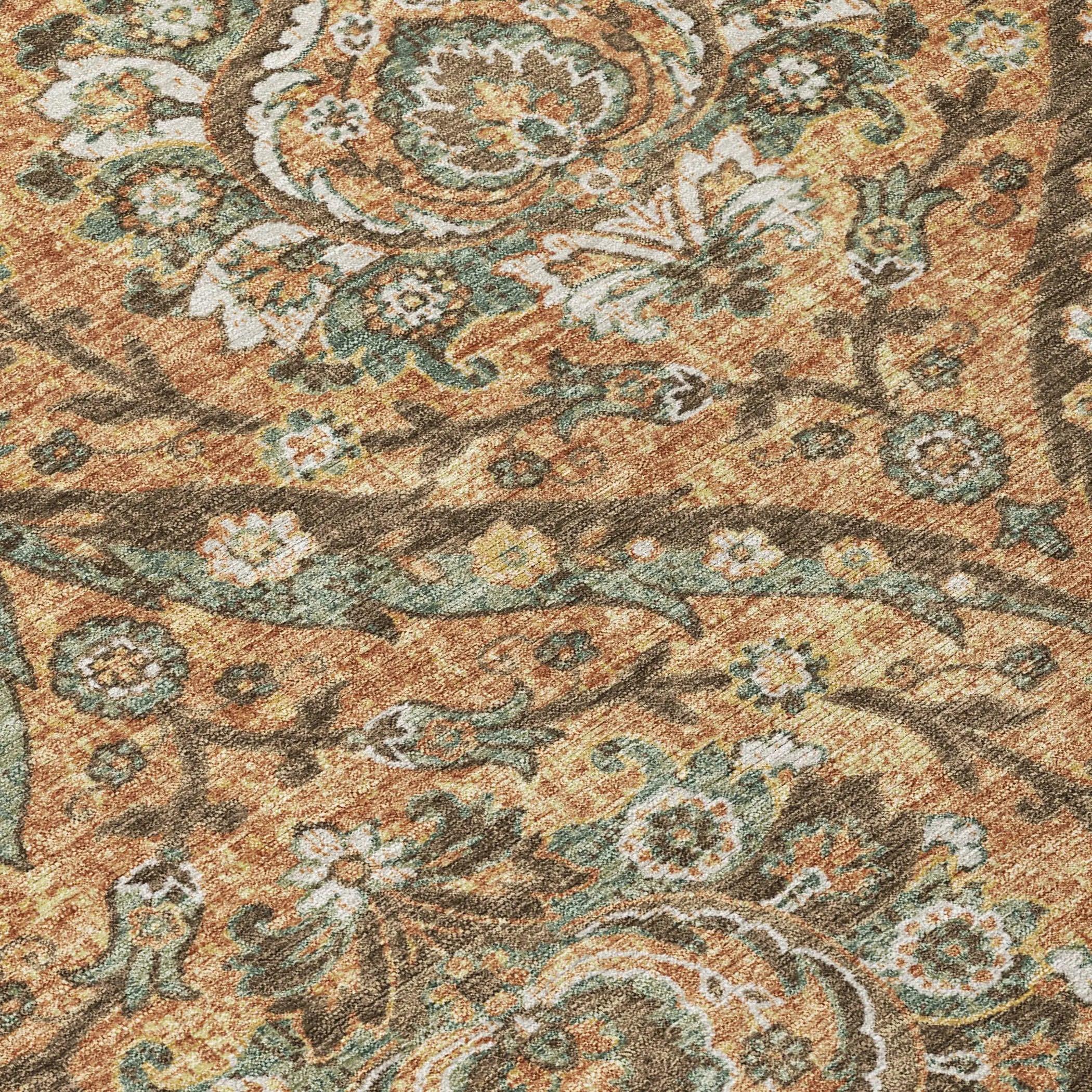 8' Copper And Gold Round Floral Washable Indoor Outdoor Area Rug Homeroots Outdoor