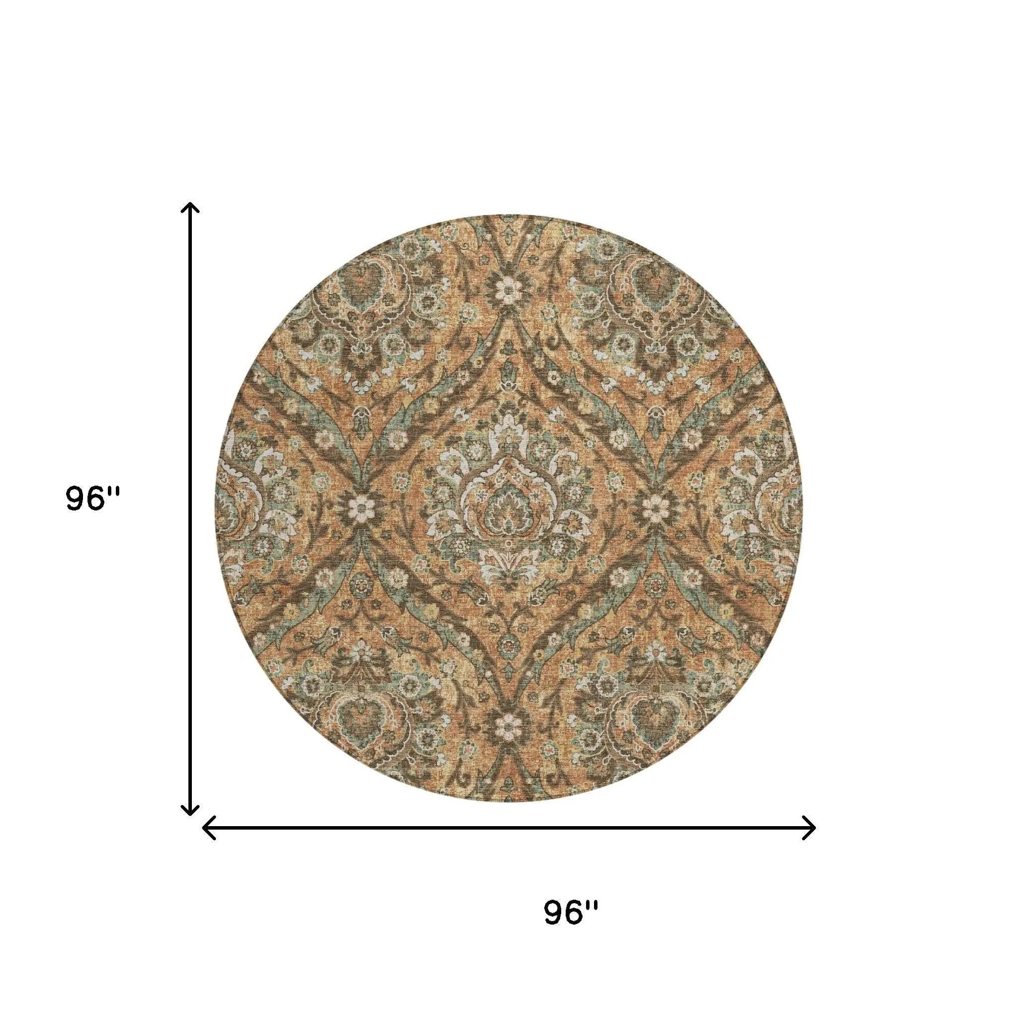 8' Copper And Gold Round Floral Washable Indoor Outdoor Area Rug Homeroots Outdoor