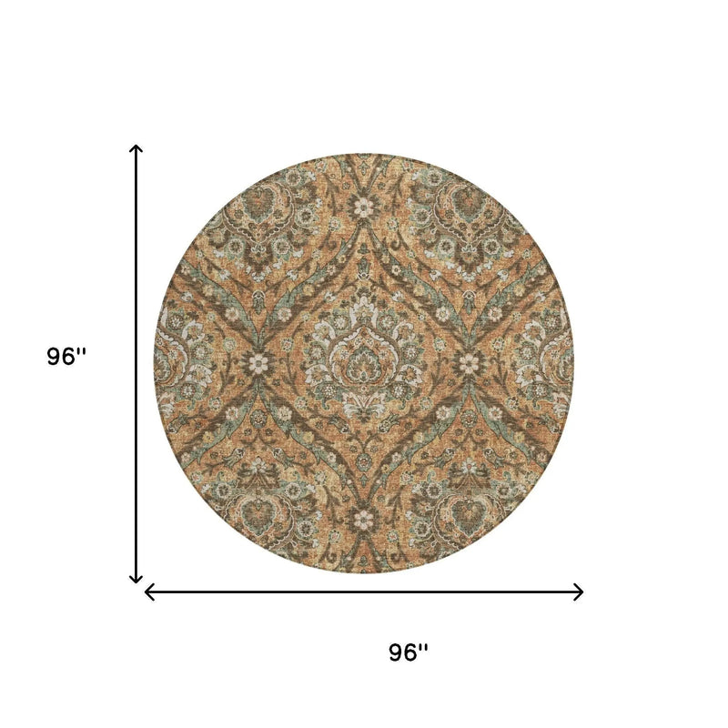 8' Copper And Gold Round Floral Washable Indoor Outdoor Area Rug Homeroots Outdoor