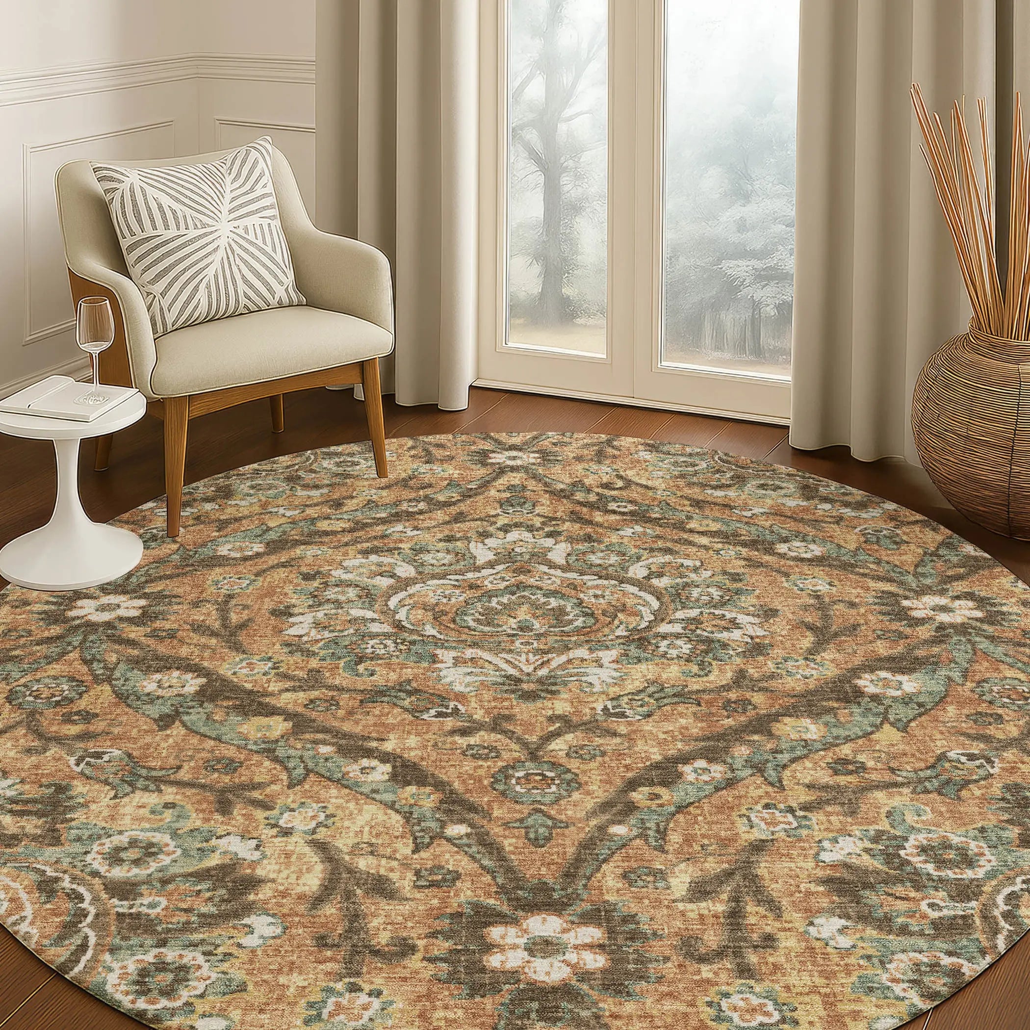 8' Copper And Gold Round Floral Washable Indoor Outdoor Area Rug Homeroots Outdoor