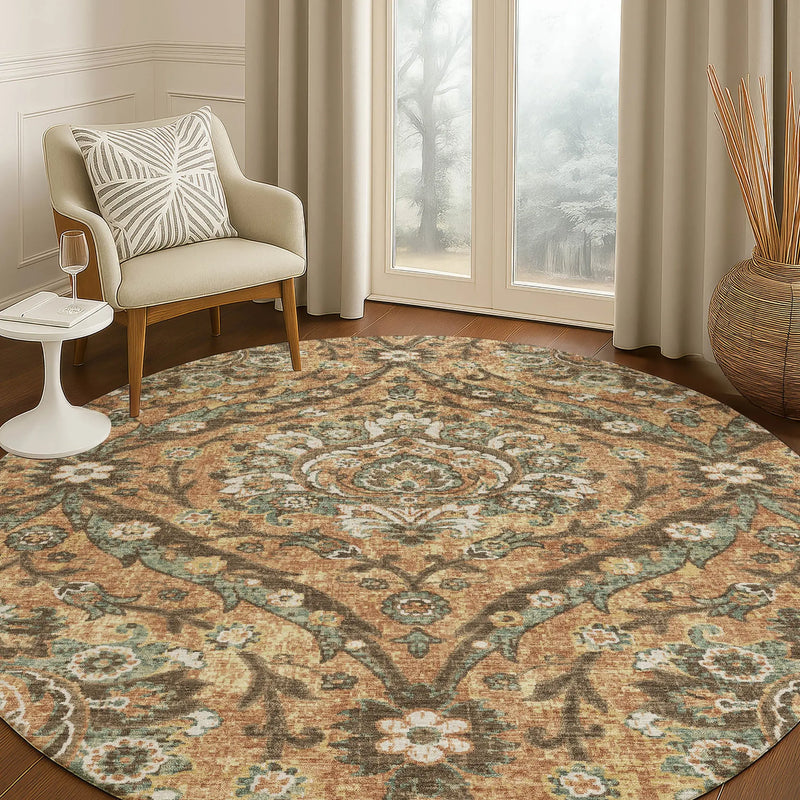 8' Copper And Gold Round Floral Washable Indoor Outdoor Area Rug Homeroots Outdoor