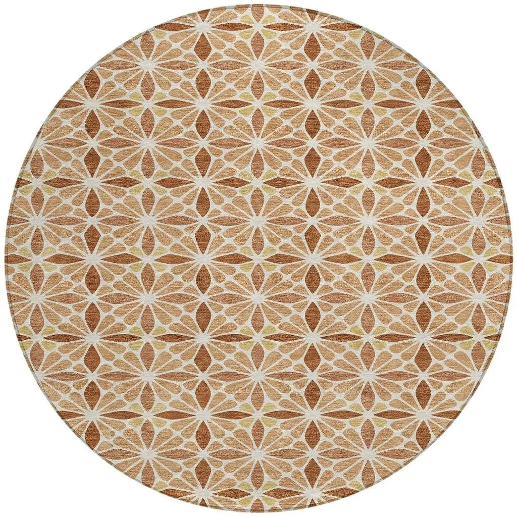 8' Copper And Gold Round Geometric Washable Indoor Outdoor Area Rug Homeroots Outdoor