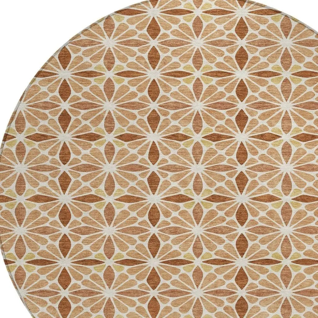 8' Copper And Gold Round Geometric Washable Indoor Outdoor Area Rug Homeroots Outdoor