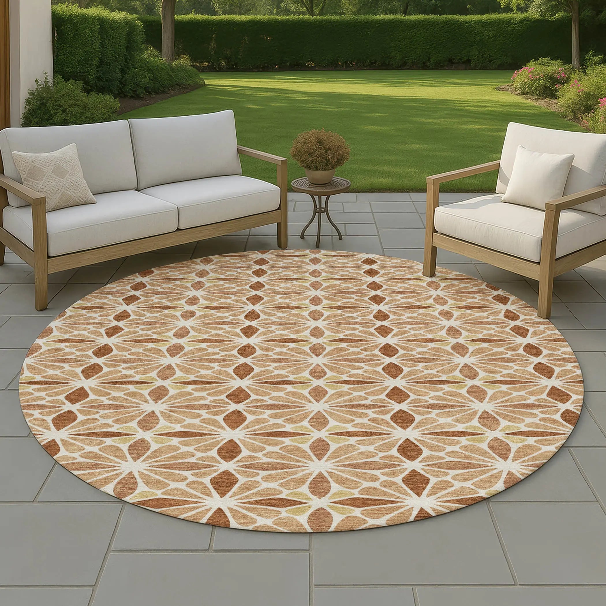 8' Copper And Gold Round Geometric Washable Indoor Outdoor Area Rug Homeroots Outdoor