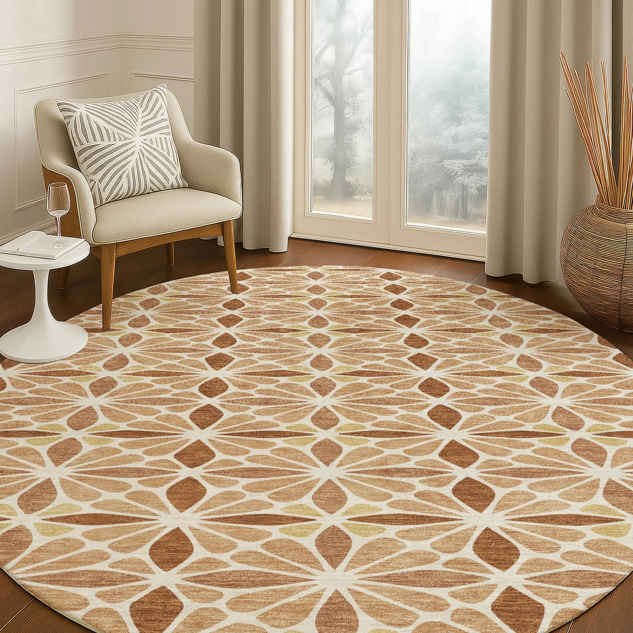 8' Copper And Gold Round Geometric Washable Indoor Outdoor Area Rug Homeroots Outdoor