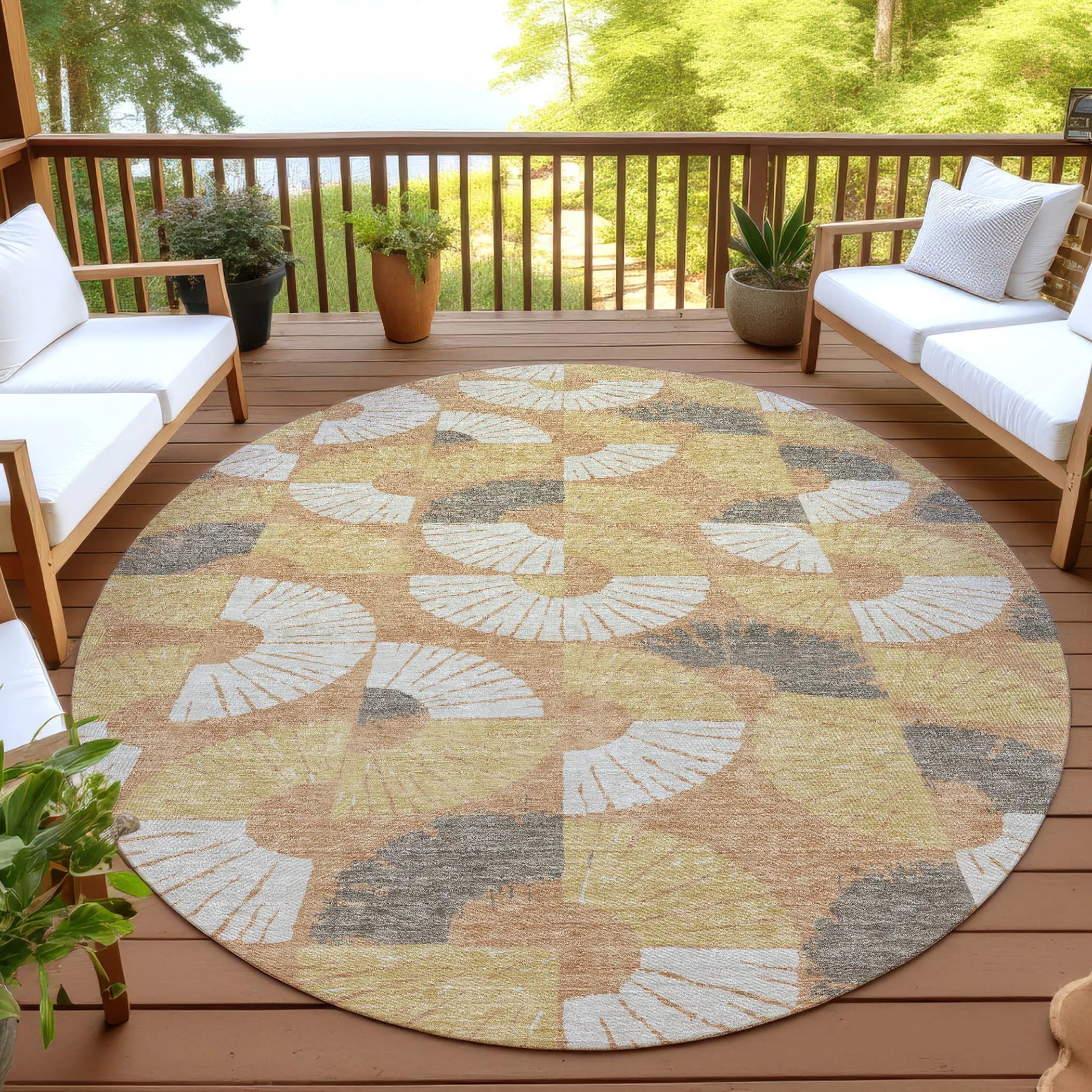 8' Copper And Gold Round Geometric Washable Indoor Outdoor Area Rug Homeroots Outdoor