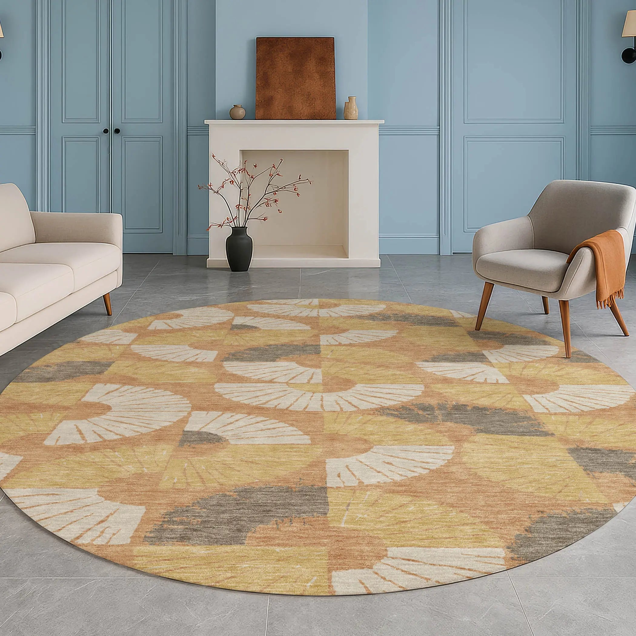 8' Copper And Gold Round Geometric Washable Indoor Outdoor Area Rug Homeroots Outdoor