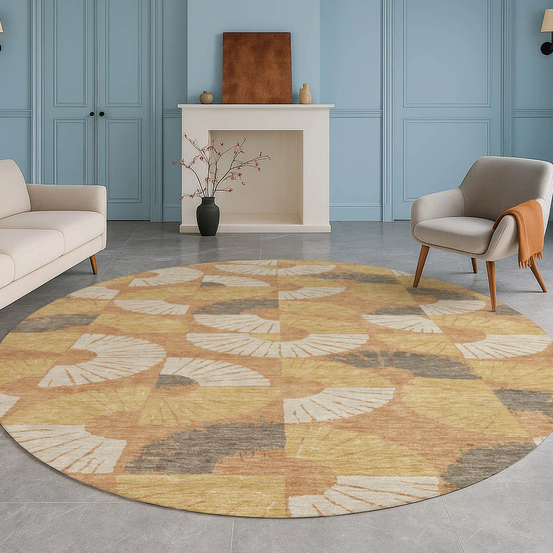 8' Copper And Gold Round Geometric Washable Indoor Outdoor Area Rug Homeroots Outdoor