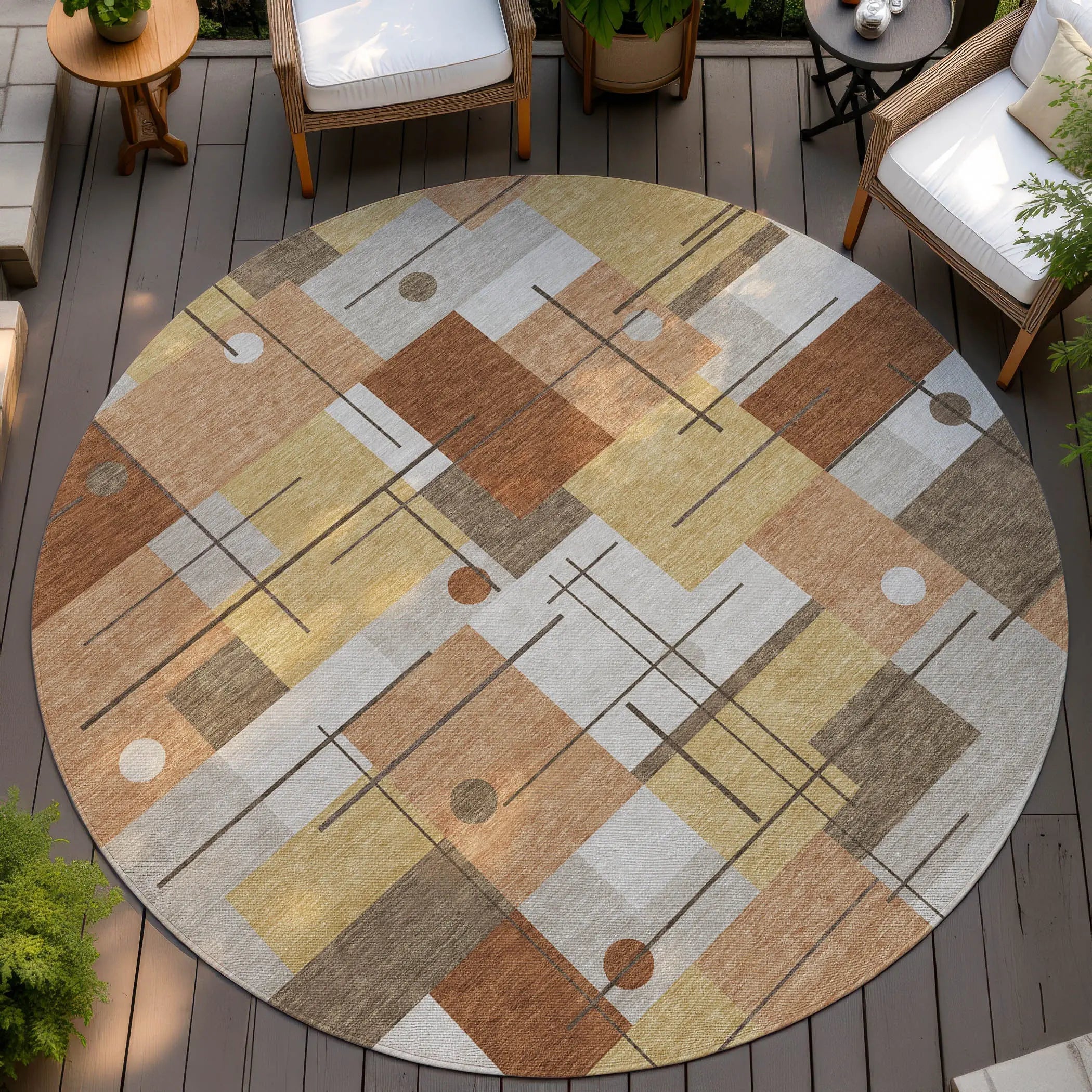 8' Copper And Graphite Round Geometric Washable Indoor Outdoor Area Rug Homeroots Outdoor