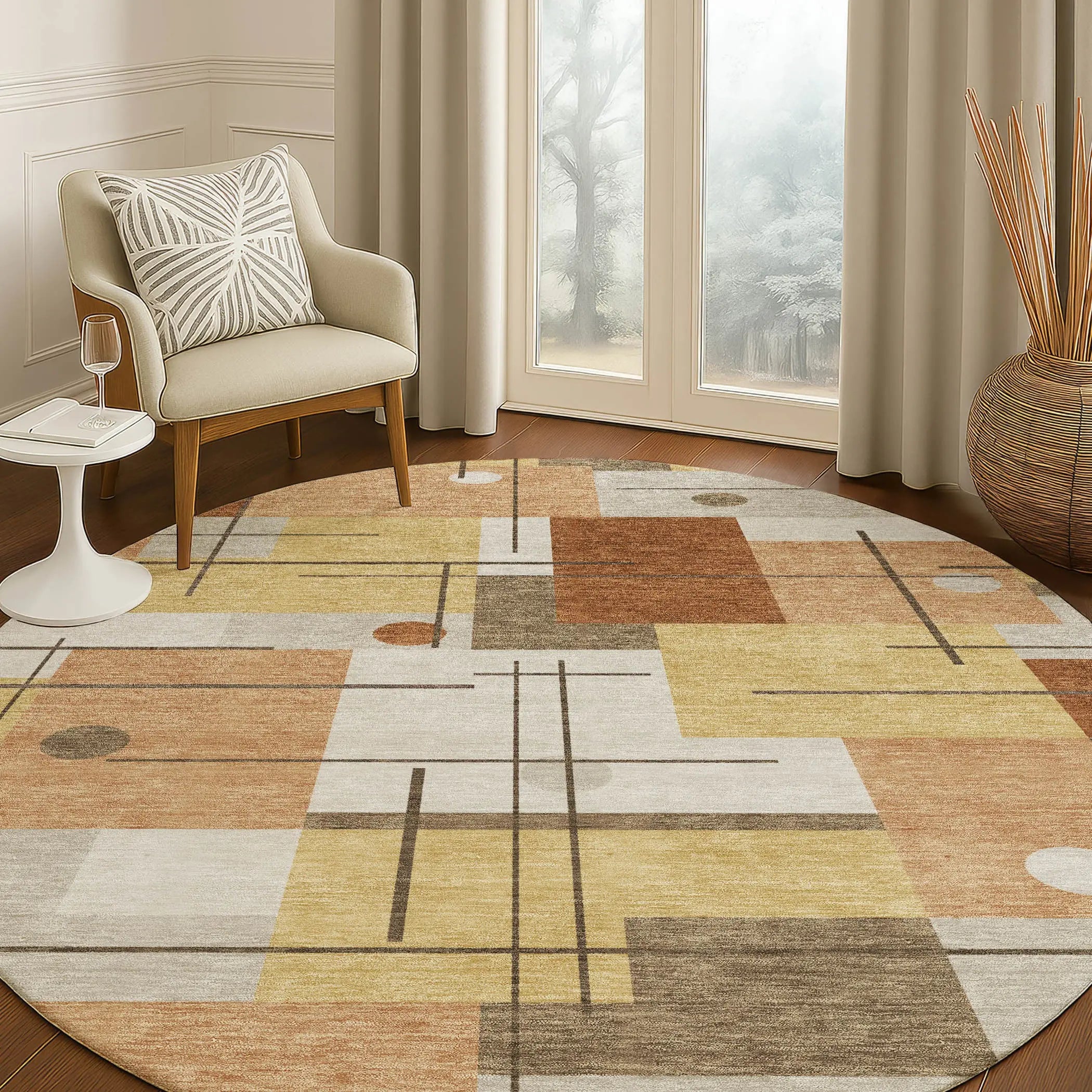 8' Copper And Graphite Round Geometric Washable Indoor Outdoor Area Rug Homeroots Outdoor