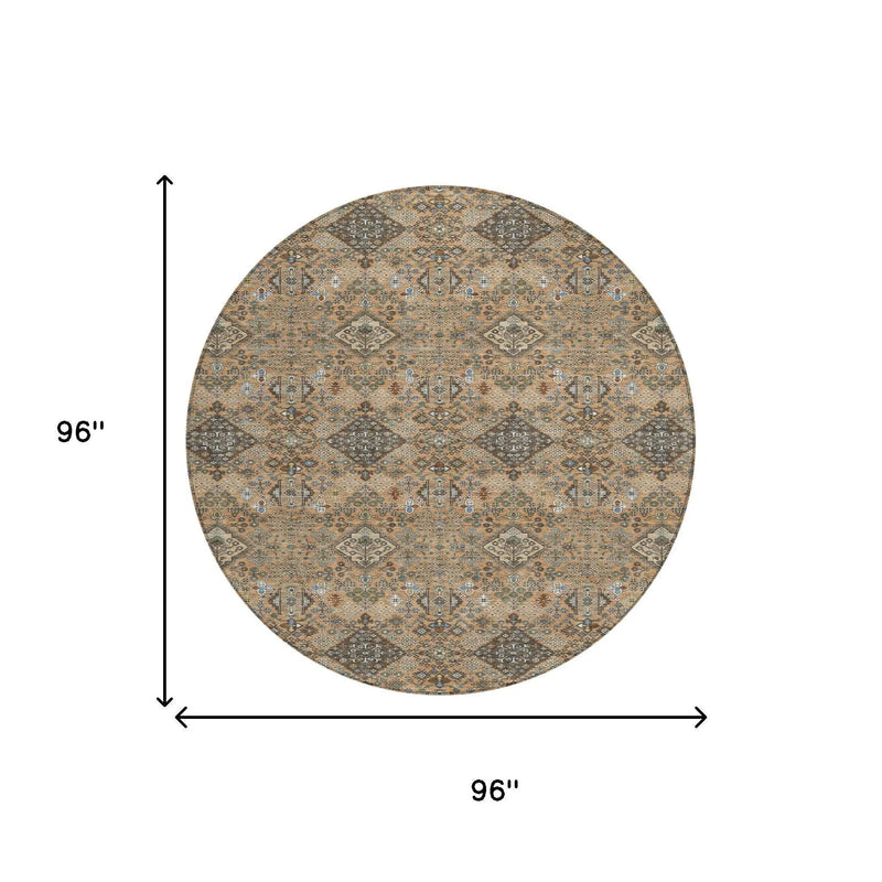 8' Copper And Green Round Geometric Washable Indoor Outdoor Area Rug Homeroots Outdoor