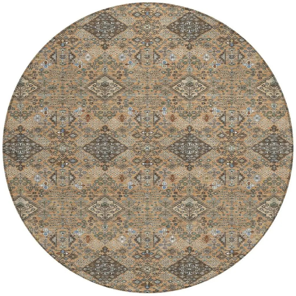8' Copper And Green Round Geometric Washable Indoor Outdoor Area Rug Homeroots Outdoor