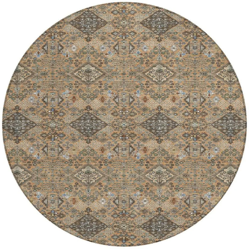 8' Copper And Green Round Geometric Washable Indoor Outdoor Area Rug Homeroots Outdoor