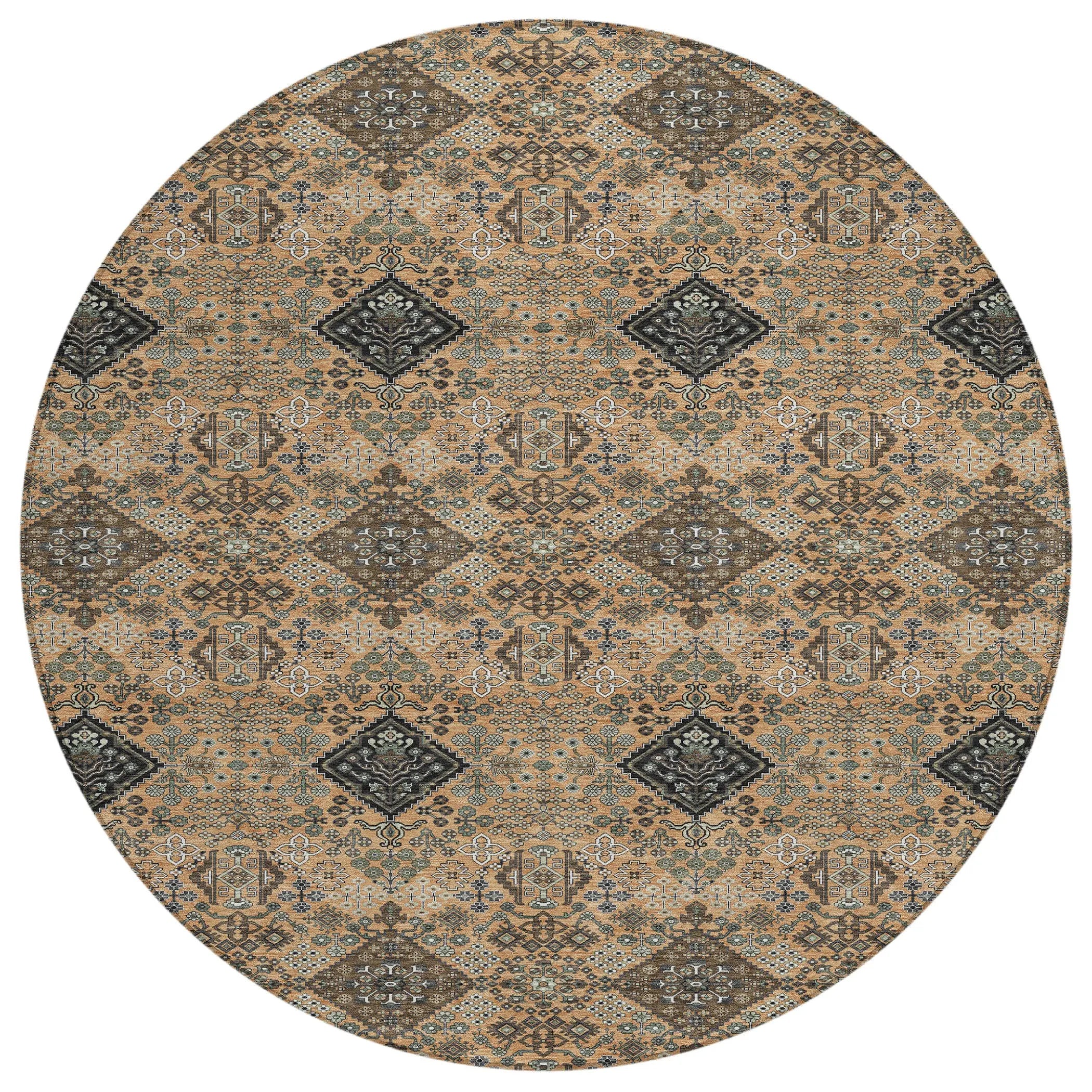 8' Copper And Green Round Geometric Washable Indoor Outdoor Area Rug Homeroots Outdoor