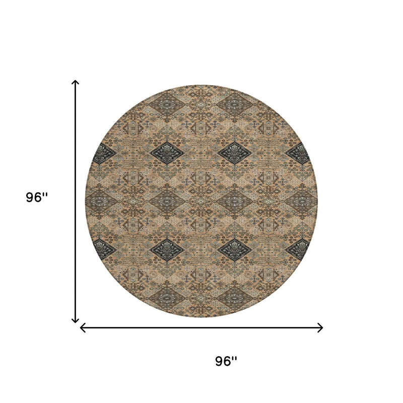 8' Copper And Green Round Geometric Washable Indoor Outdoor Area Rug Homeroots Outdoor