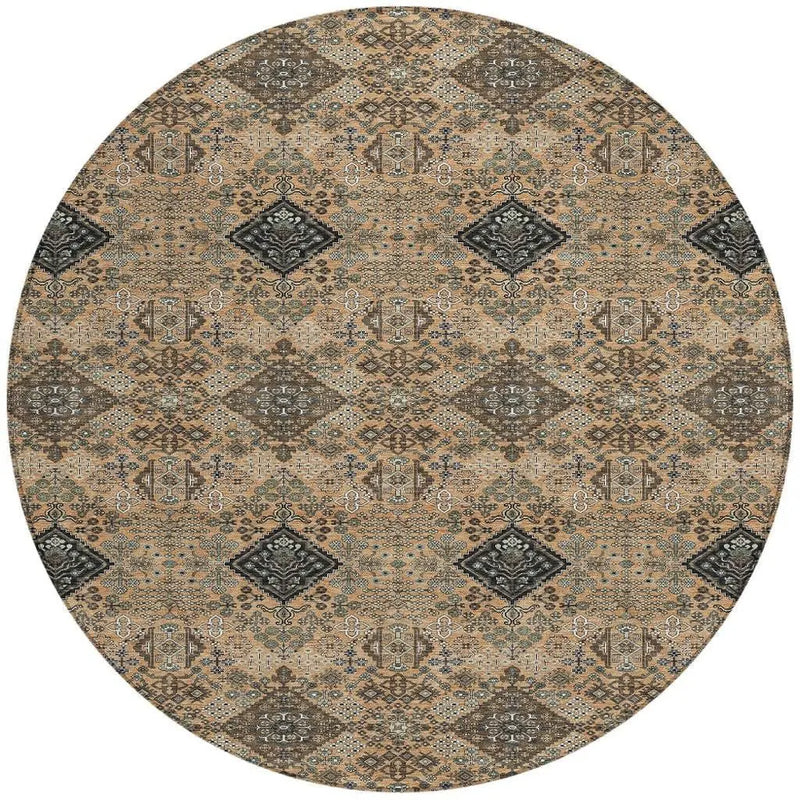 8' Copper And Green Round Geometric Washable Indoor Outdoor Area Rug Homeroots Outdoor