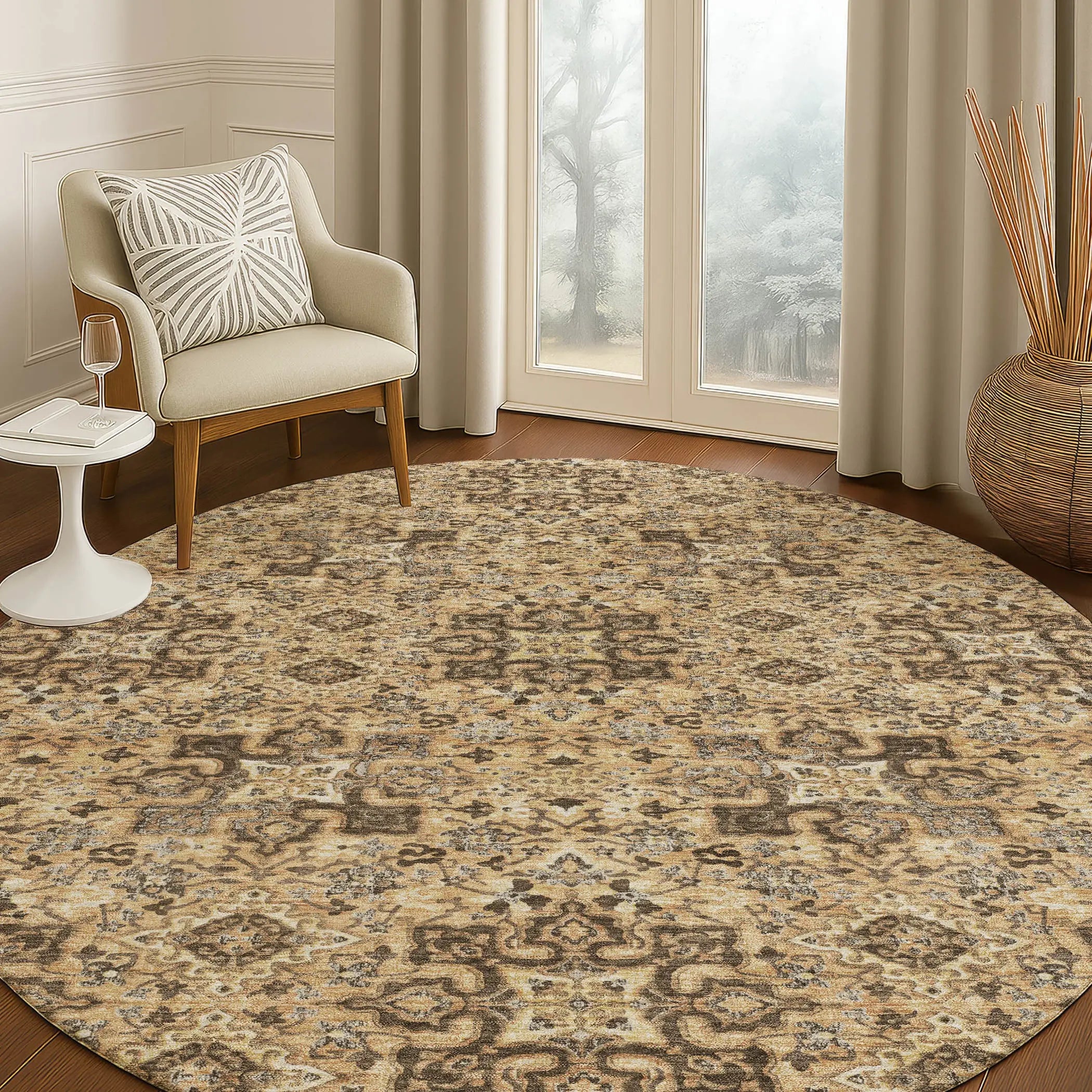 8' Copper And Green Round Oriental Washable Indoor Outdoor Area Rug Homeroots Outdoor