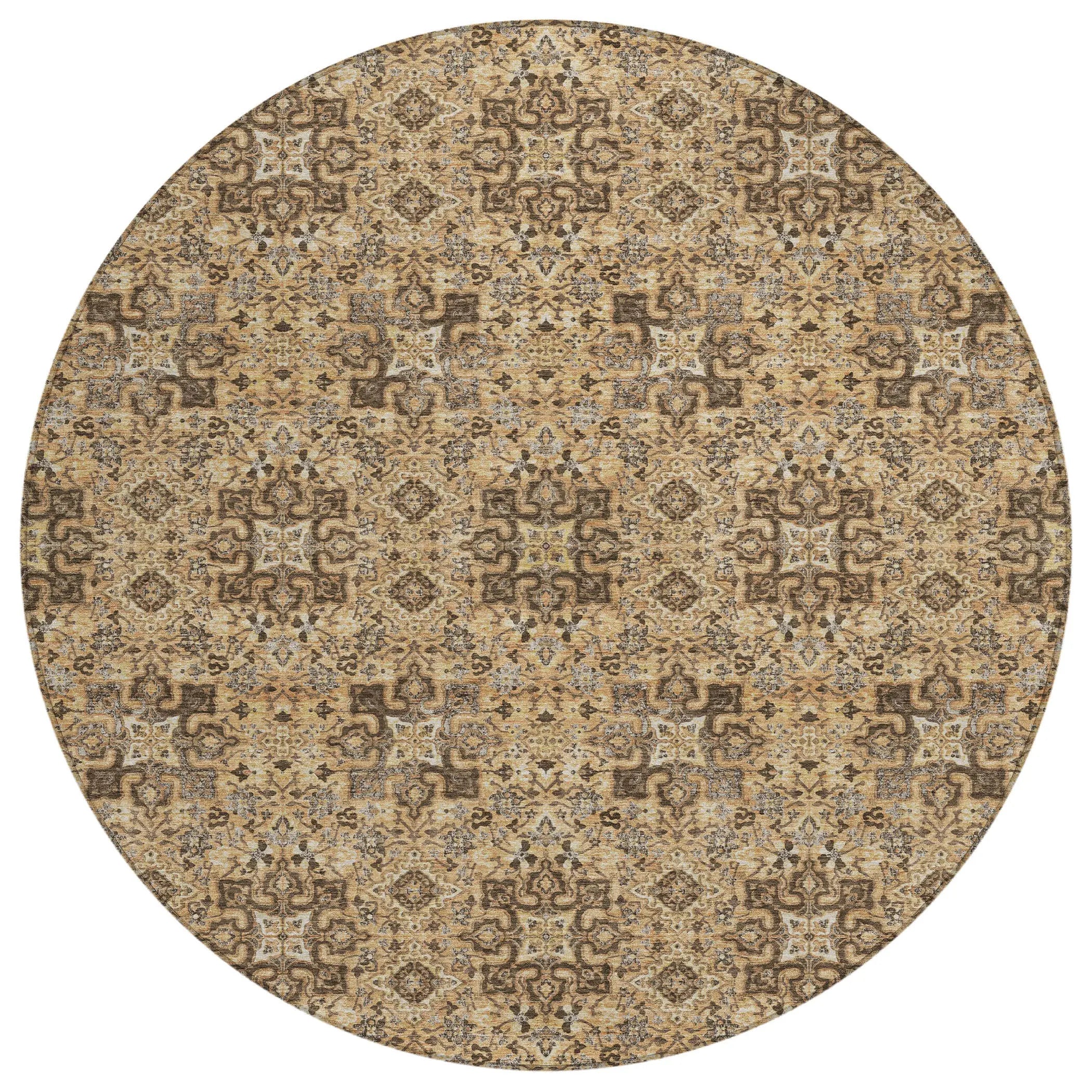 8' Copper And Green Round Oriental Washable Indoor Outdoor Area Rug Homeroots Outdoor