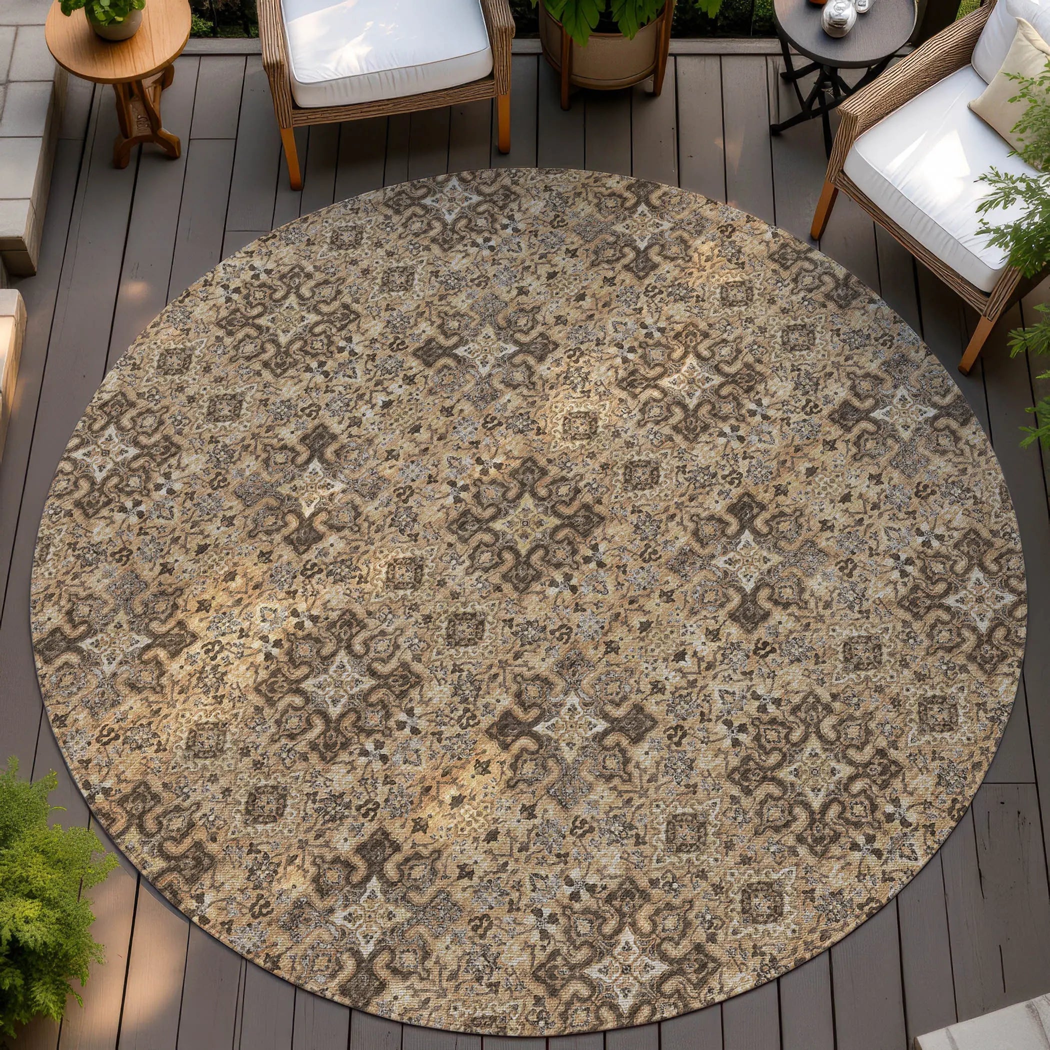 8' Copper And Green Round Oriental Washable Indoor Outdoor Area Rug Homeroots Outdoor
