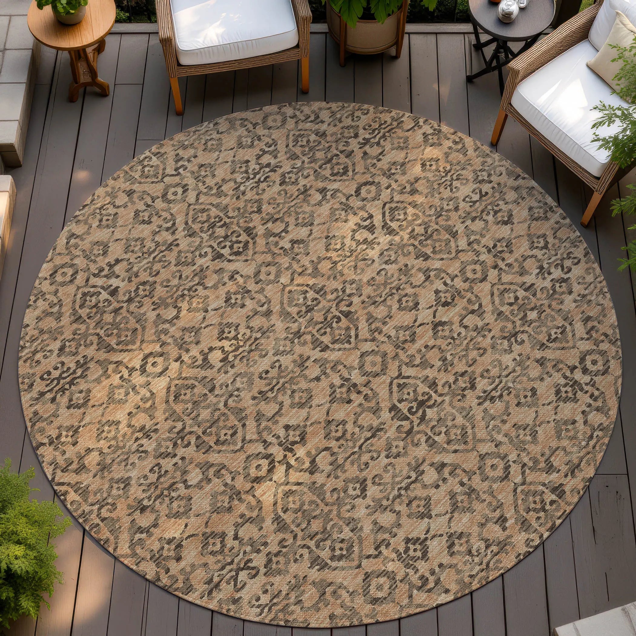 8' Copper And Green Round Oriental Washable Indoor Outdoor Area Rug Homeroots Outdoor
