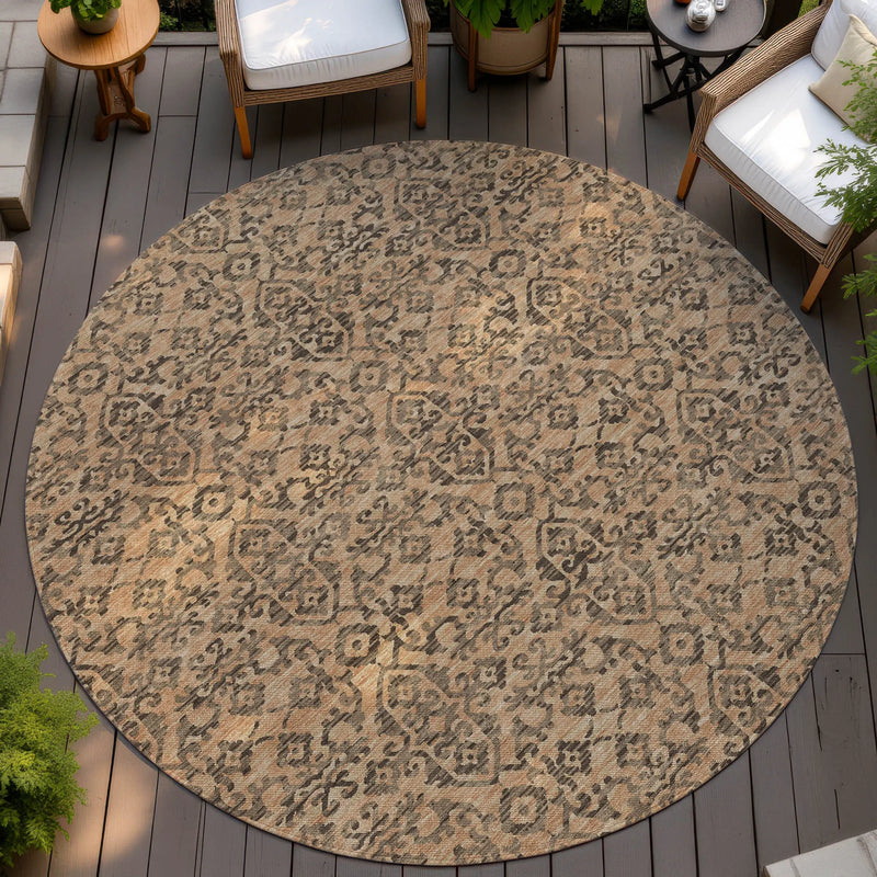 8' Copper And Green Round Oriental Washable Indoor Outdoor Area Rug Homeroots Outdoor