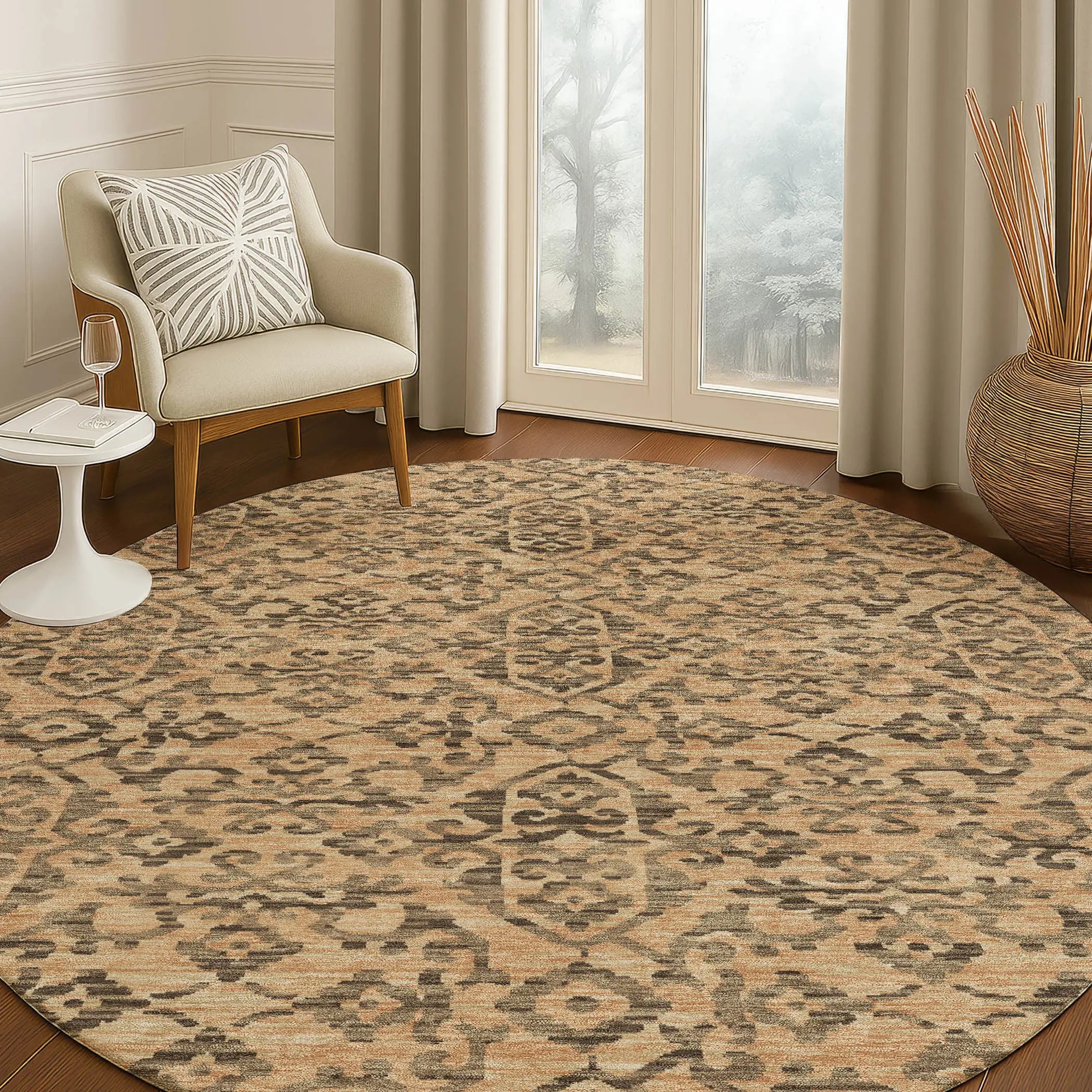 8' Copper And Green Round Oriental Washable Indoor Outdoor Area Rug Homeroots Outdoor