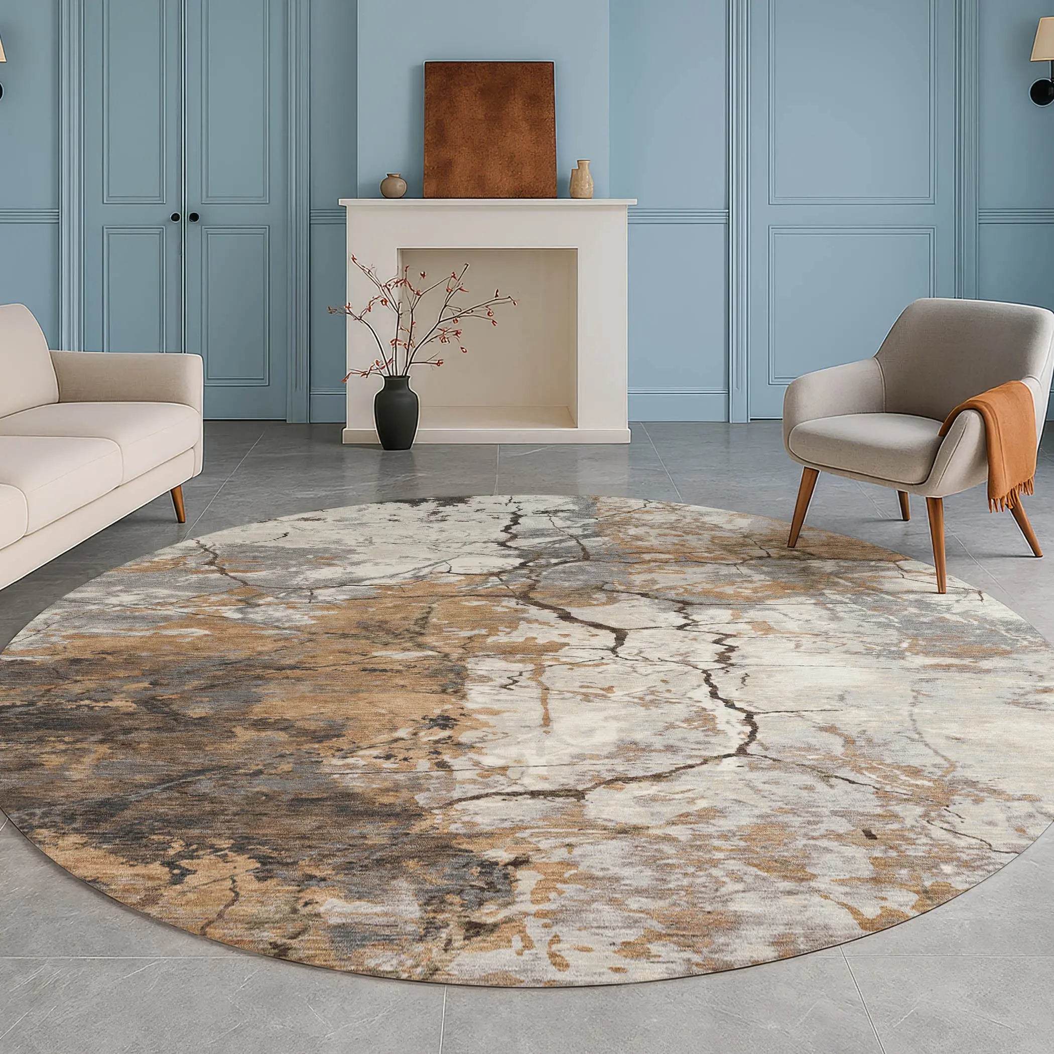 8' Copper And Ivory Round Abstract Washable Indoor Outdoor Area Rug Homeroots Outdoor