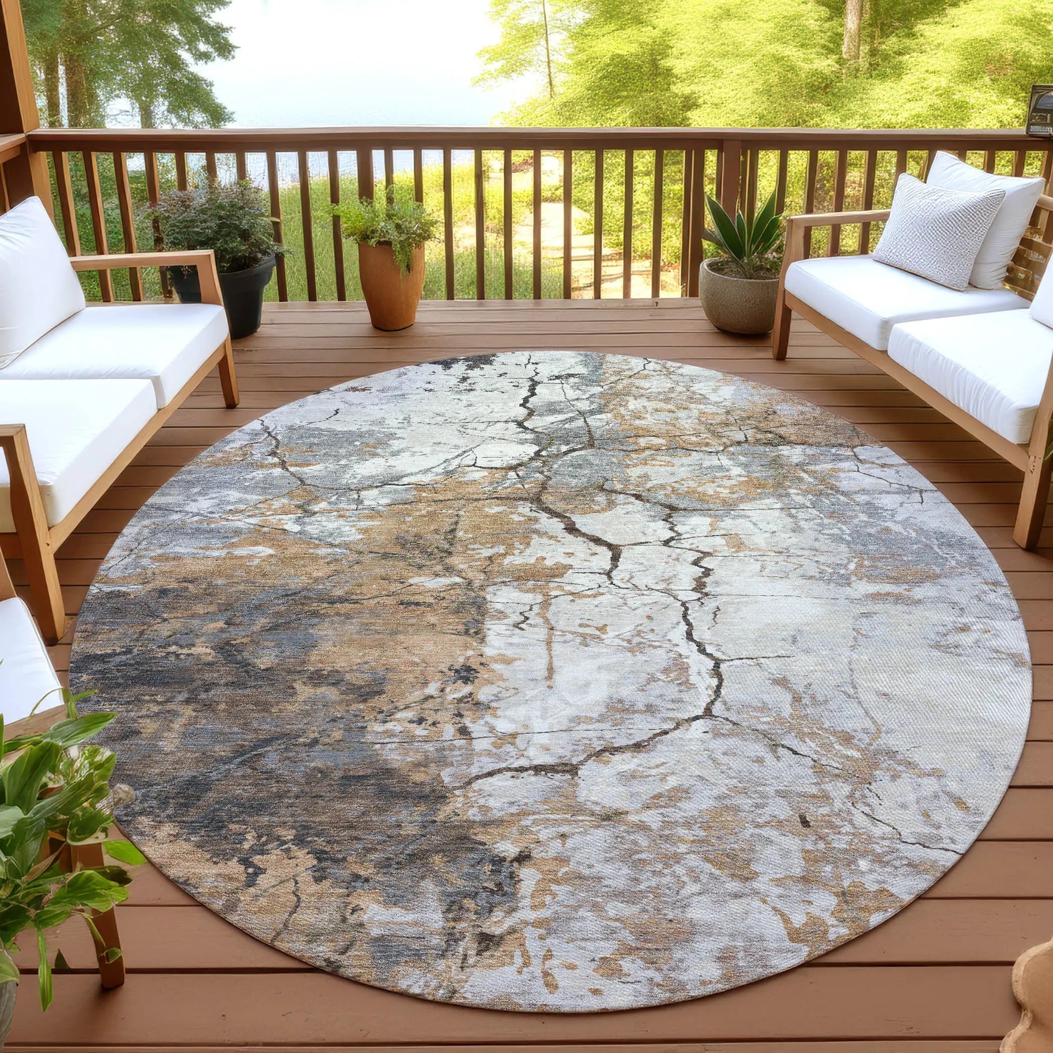 8' Copper And Ivory Round Abstract Washable Indoor Outdoor Area Rug Homeroots Outdoor