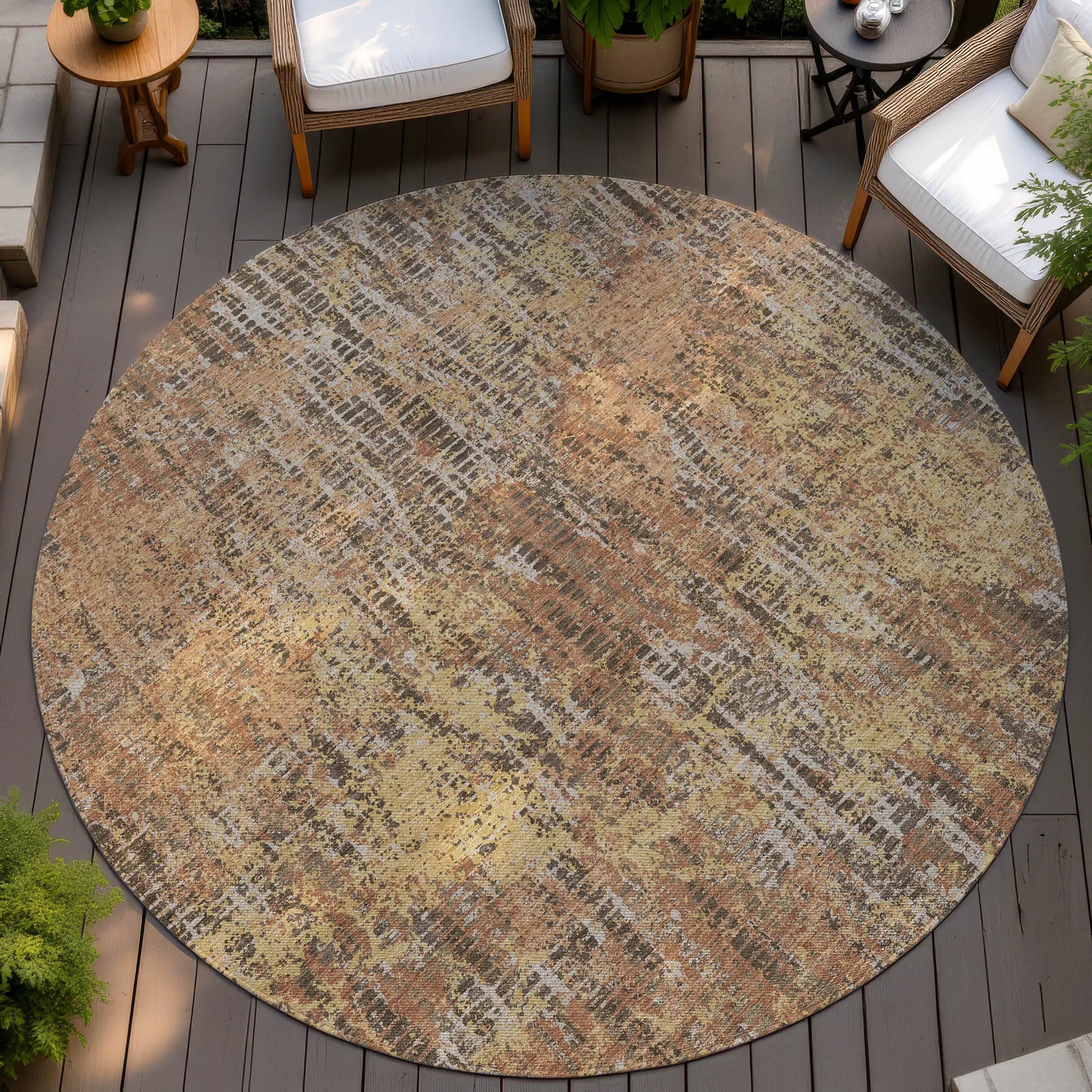 8' Copper And Ivory Round Abstract Washable Indoor Outdoor Area Rug Homeroots Outdoor