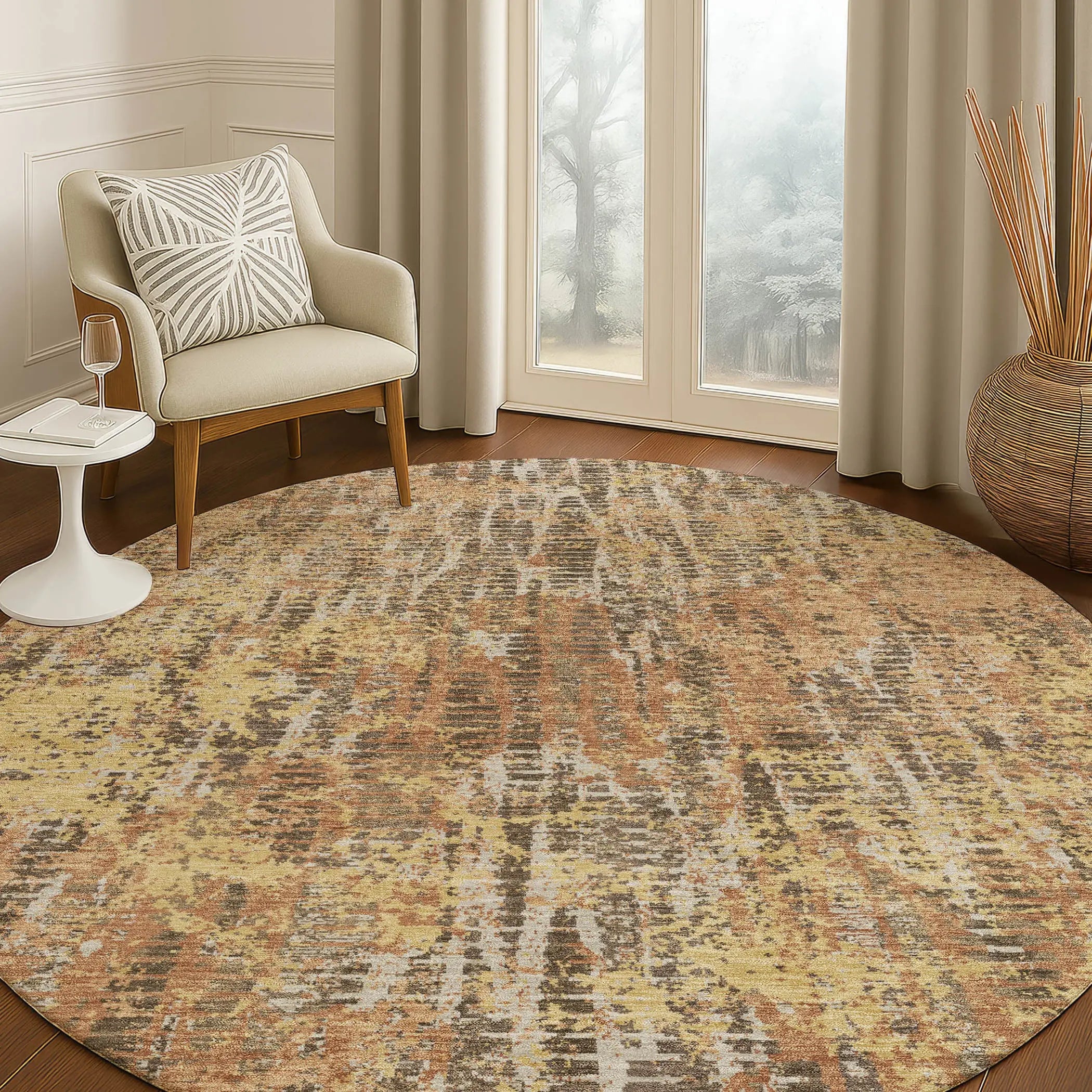 8' Copper And Ivory Round Abstract Washable Indoor Outdoor Area Rug Homeroots Outdoor