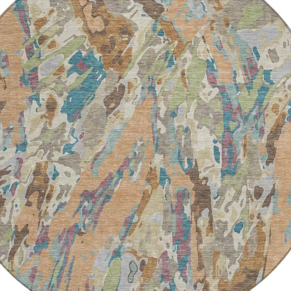 8' Copper And Ivory Round Abstract Washable Indoor Outdoor Area Rug Homeroots Outdoor