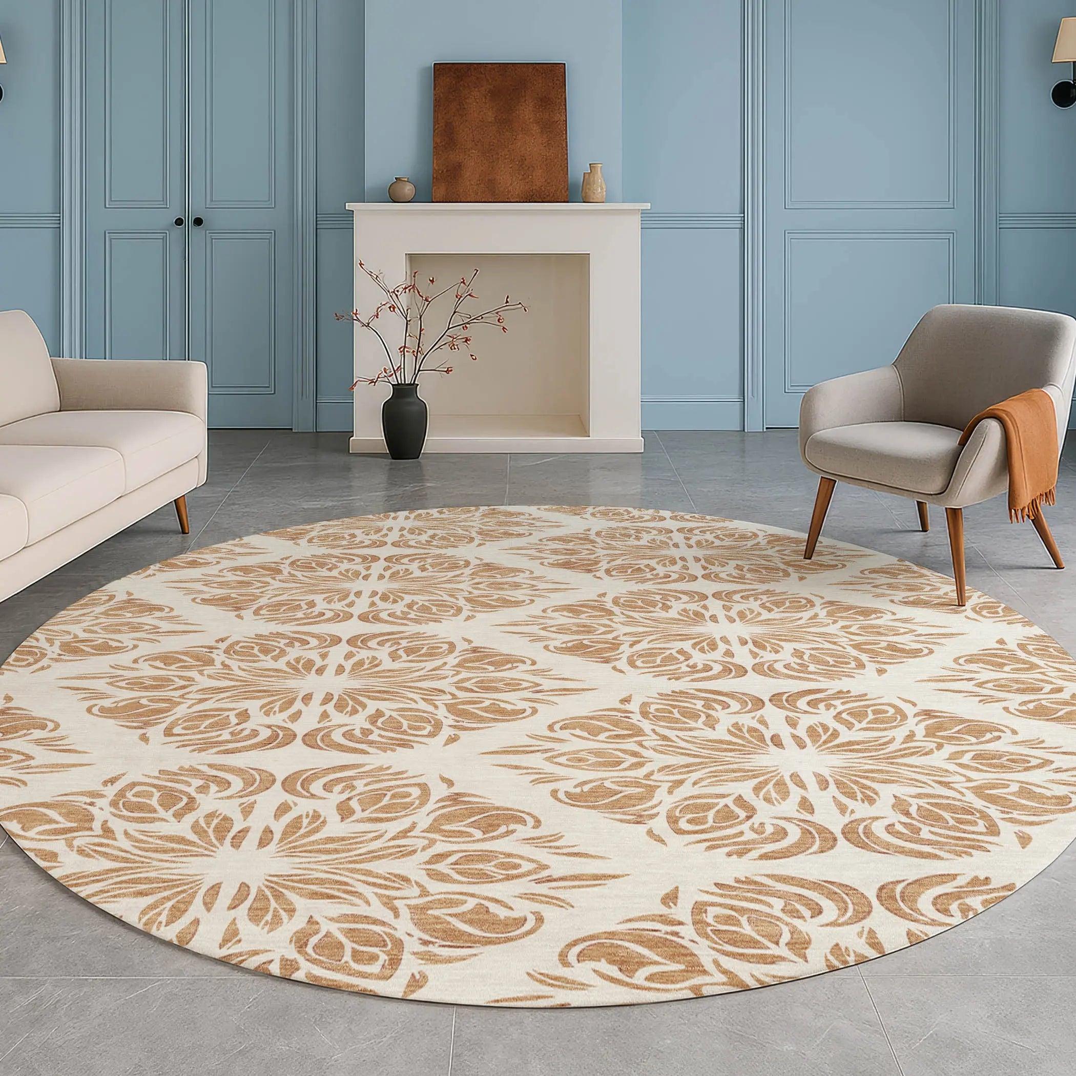 8' Copper And Ivory Round Damask Washable Indoor Outdoor Area Rug Homeroots Outdoor