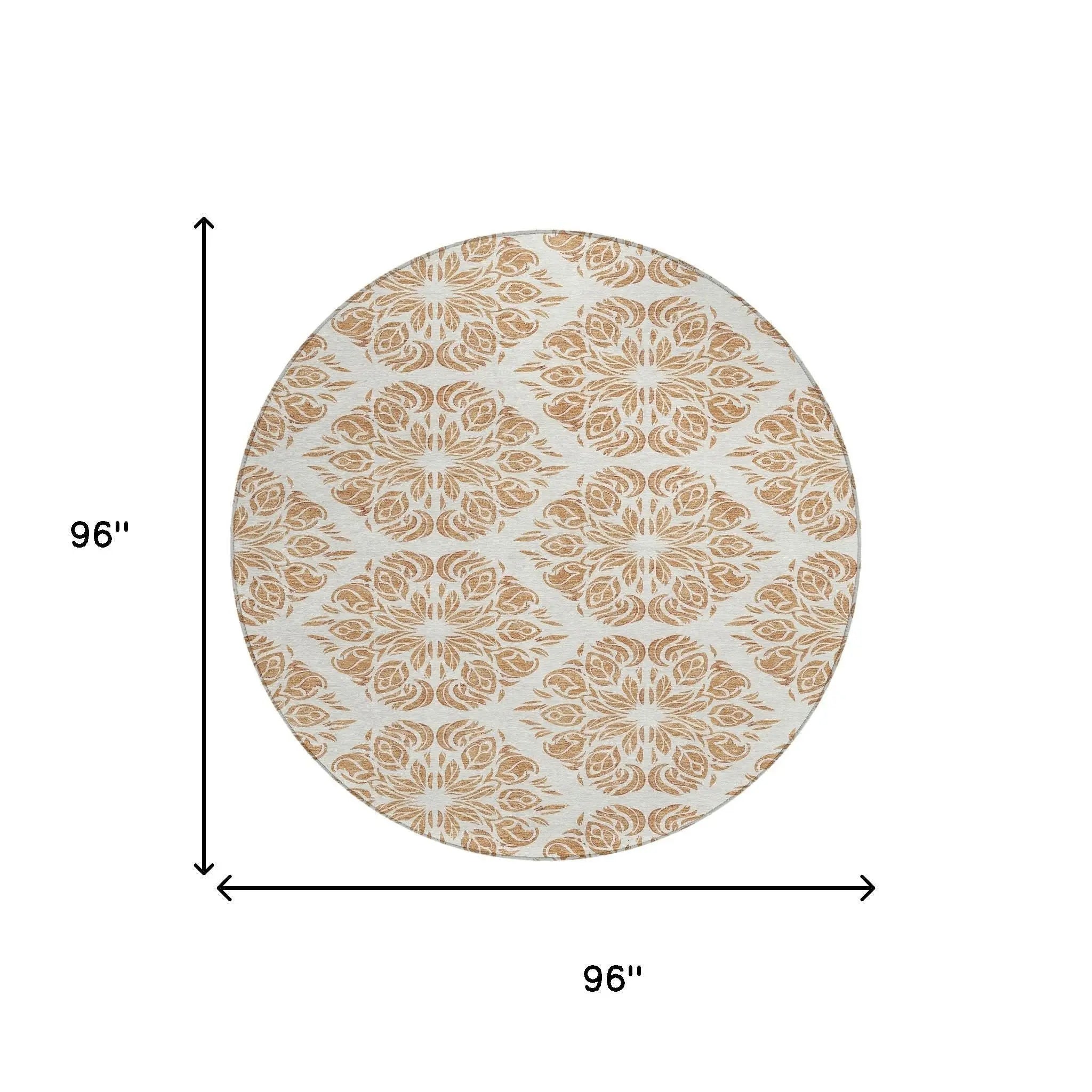 8' Copper And Ivory Round Damask Washable Indoor Outdoor Area Rug Homeroots Outdoor