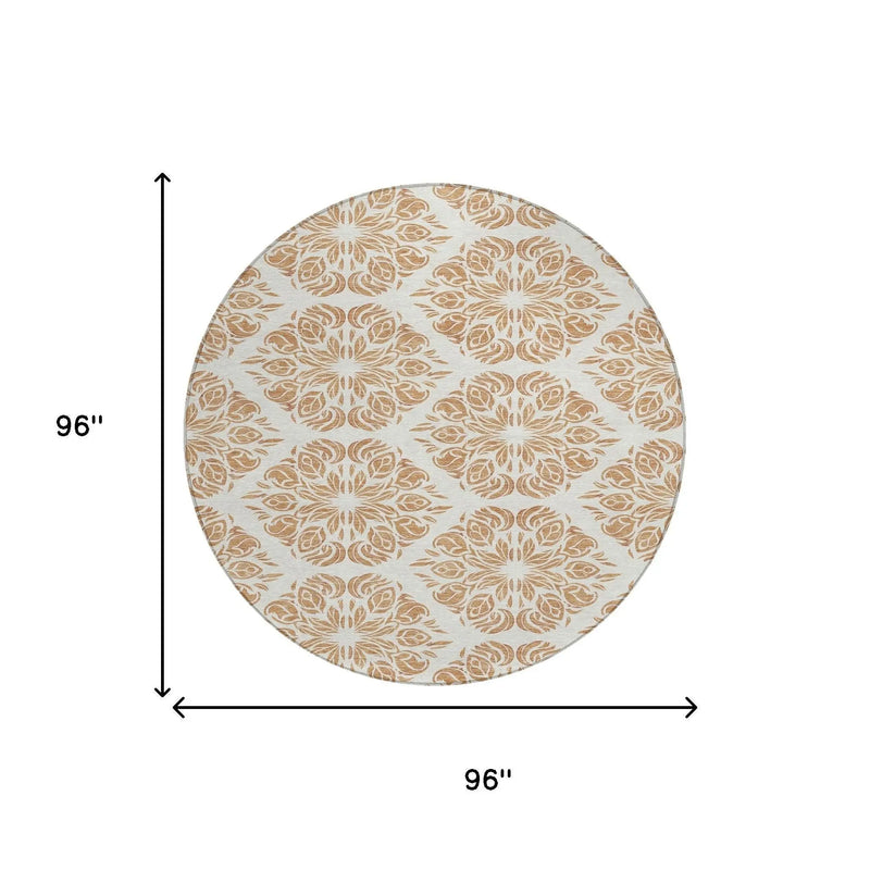 8' Copper And Ivory Round Damask Washable Indoor Outdoor Area Rug Homeroots Outdoor