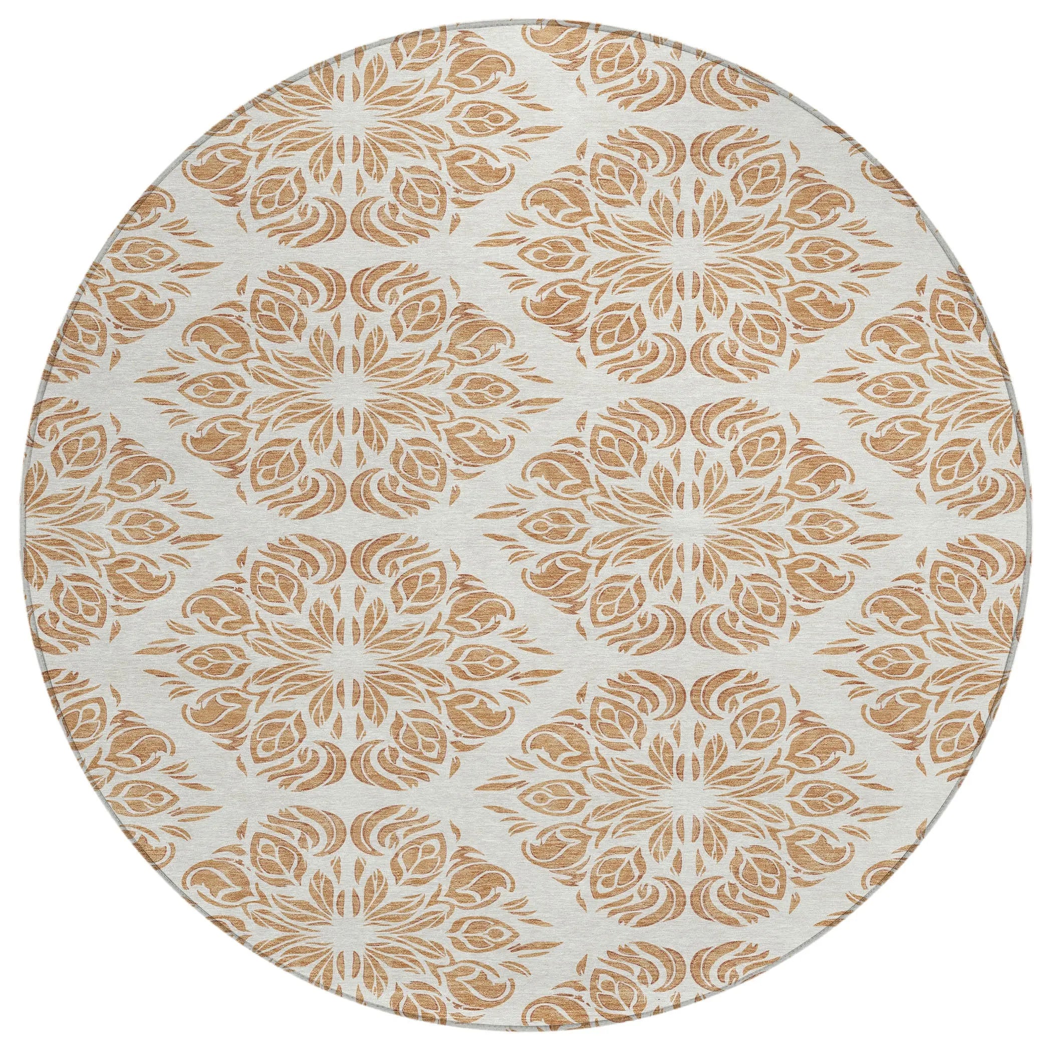 8' Copper And Ivory Round Damask Washable Indoor Outdoor Area Rug Homeroots Outdoor