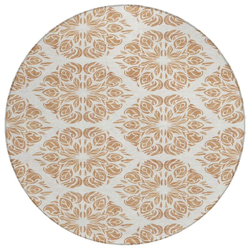 8' Copper And Ivory Round Damask Washable Indoor Outdoor Area Rug Homeroots Outdoor
