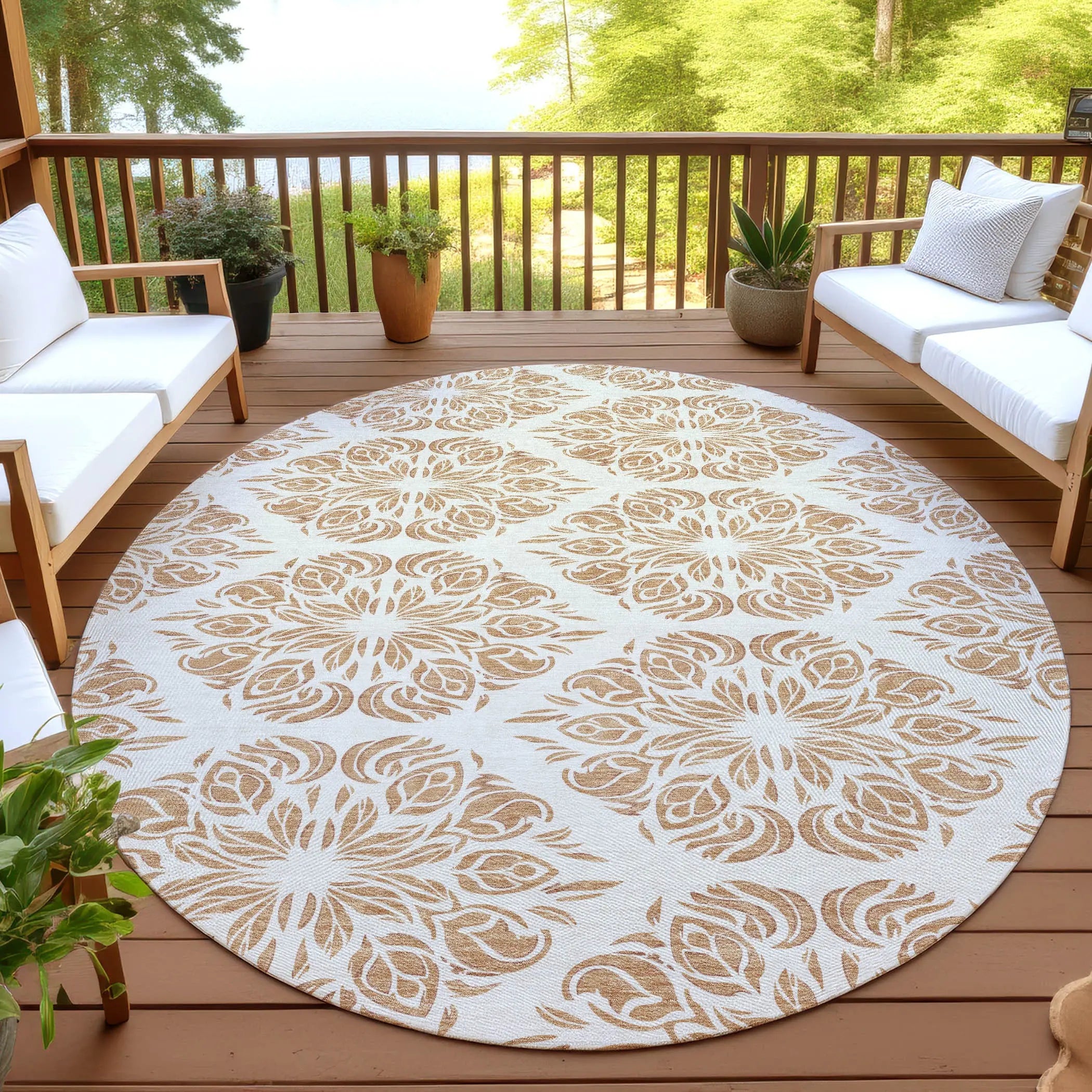 8' Copper And Ivory Round Damask Washable Indoor Outdoor Area Rug Homeroots Outdoor