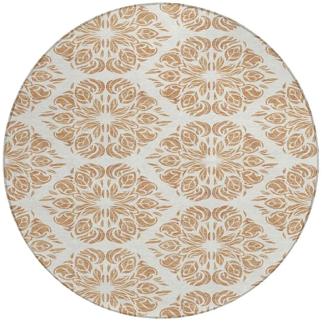 8' Copper And Ivory Round Damask Washable Indoor Outdoor Area Rug Homeroots Outdoor