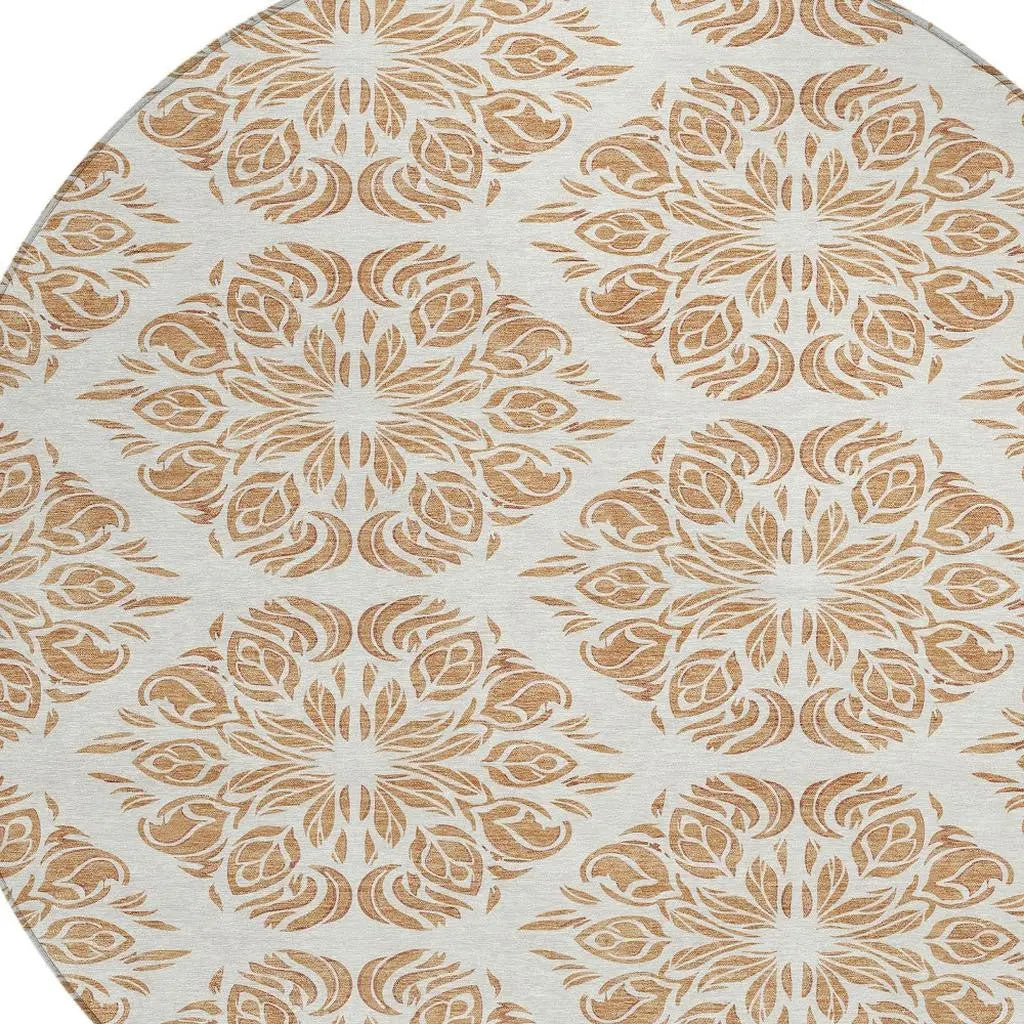 8' Copper And Ivory Round Damask Washable Indoor Outdoor Area Rug Homeroots Outdoor