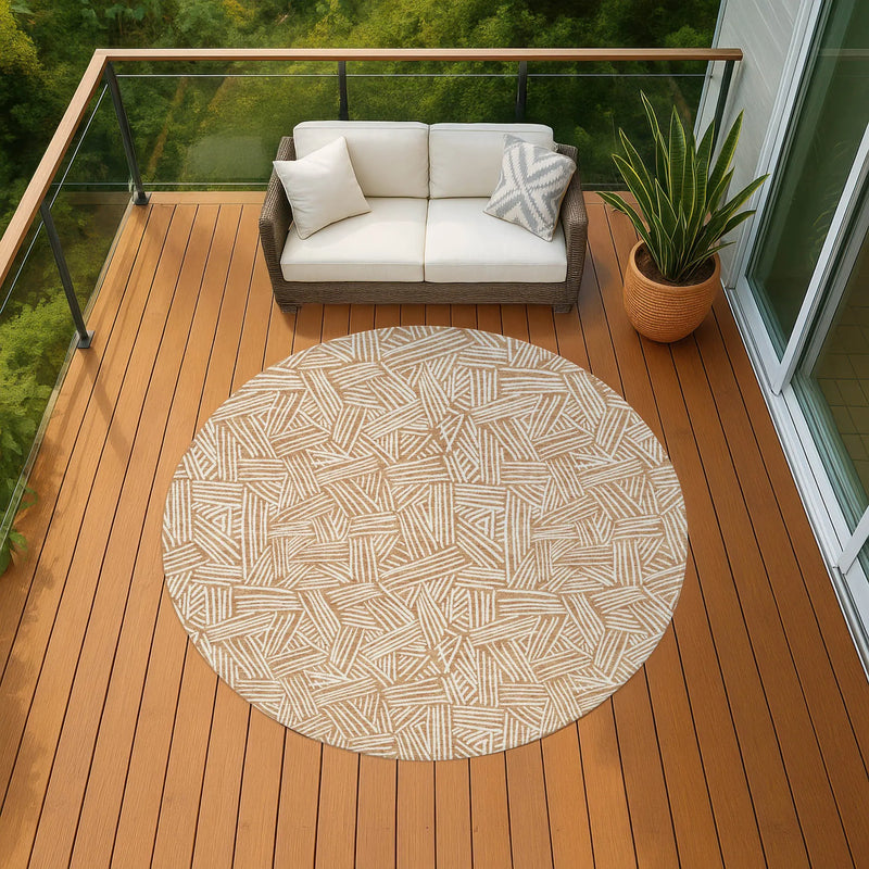 8' Copper And Ivory Round Geometric Washable Indoor Outdoor Area Rug Homeroots Outdoor
