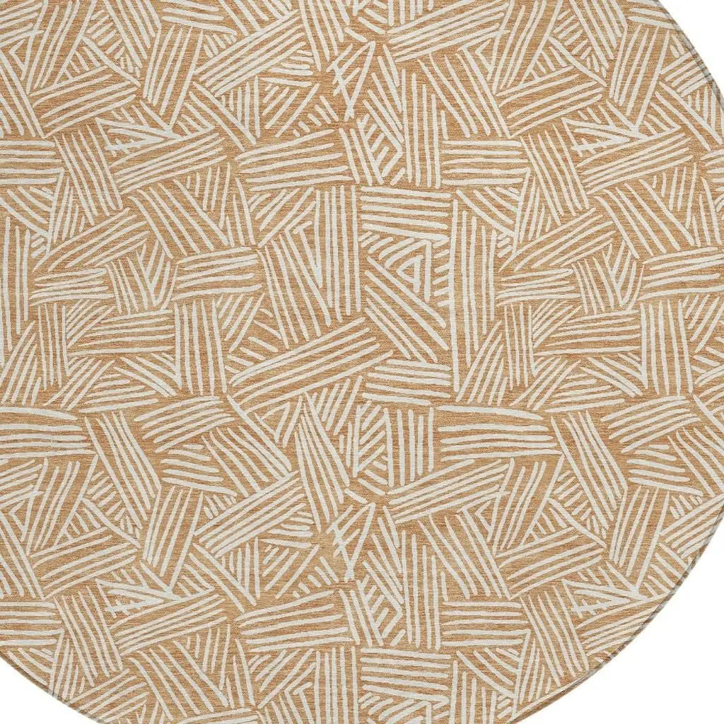 8' Copper And Ivory Round Geometric Washable Indoor Outdoor Area Rug Homeroots Outdoor