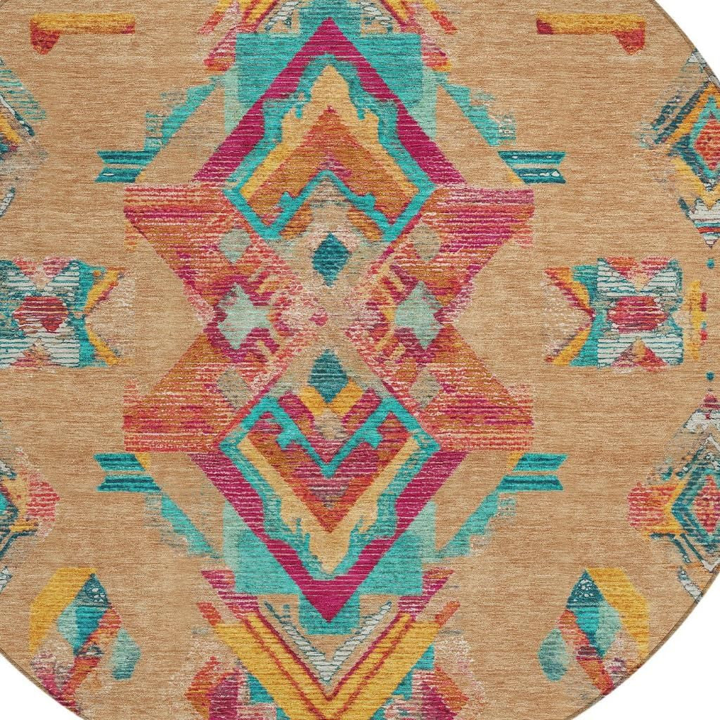 8' Copper And Ivory Round Tribal Washable Indoor Outdoor Area Rug Homeroots Outdoor