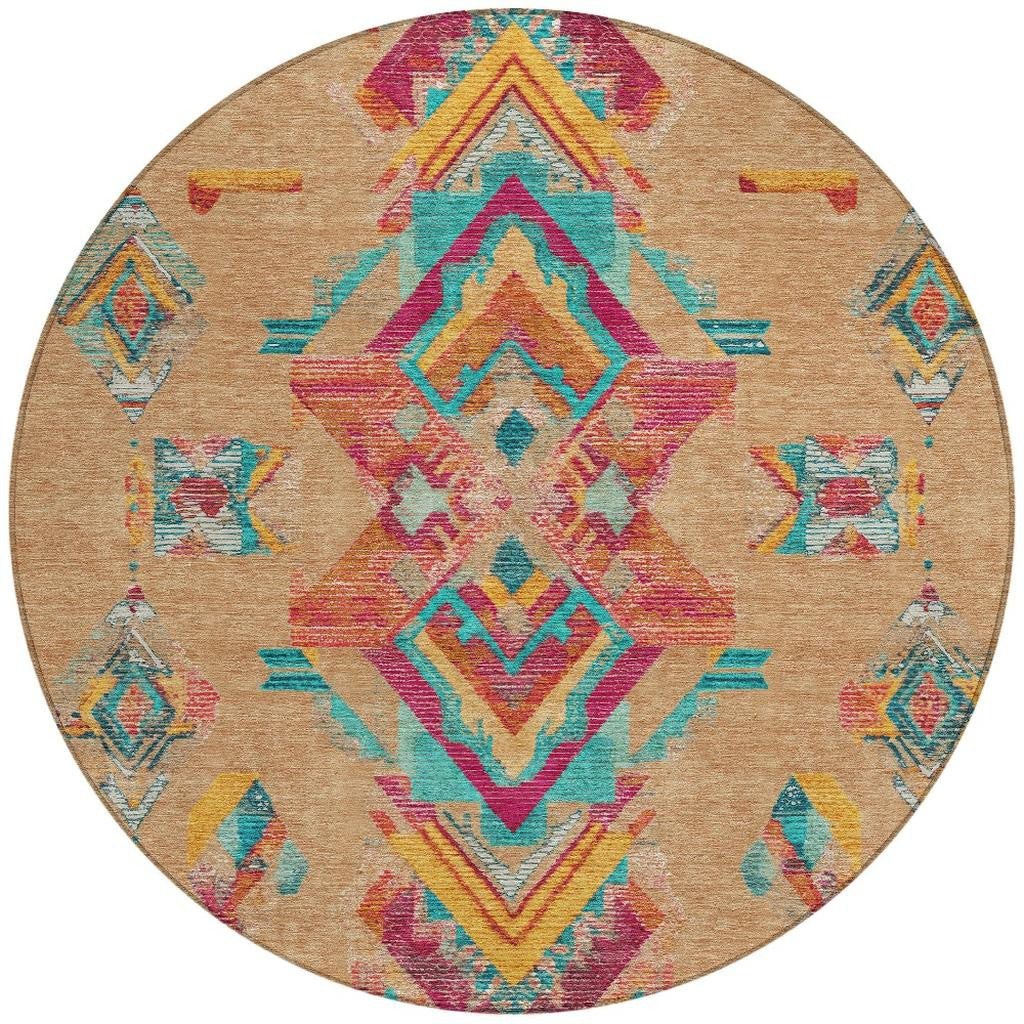 8' Copper And Ivory Round Tribal Washable Indoor Outdoor Area Rug Homeroots Outdoor