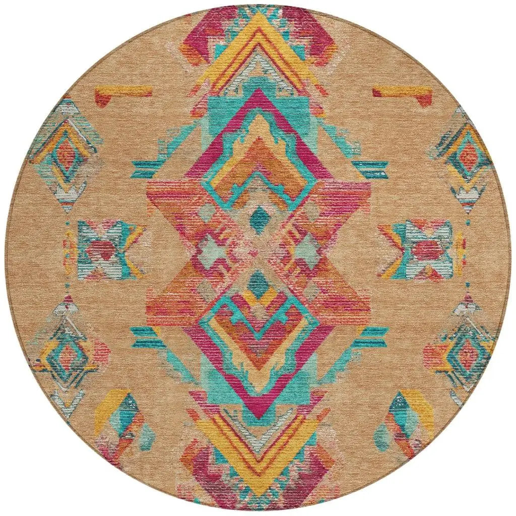 8' Copper And Ivory Round Tribal Washable Indoor Outdoor Area Rug Homeroots Outdoor