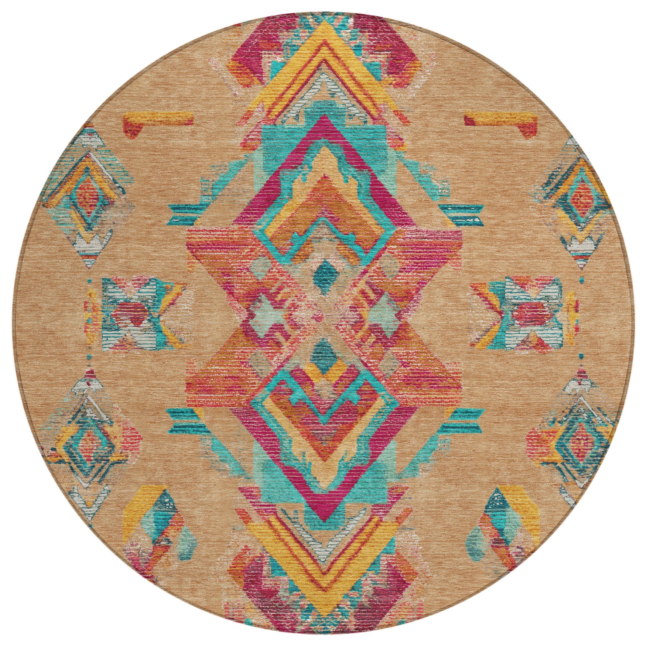 8' Copper And Ivory Round Tribal Washable Indoor Outdoor Area Rug Homeroots Outdoor