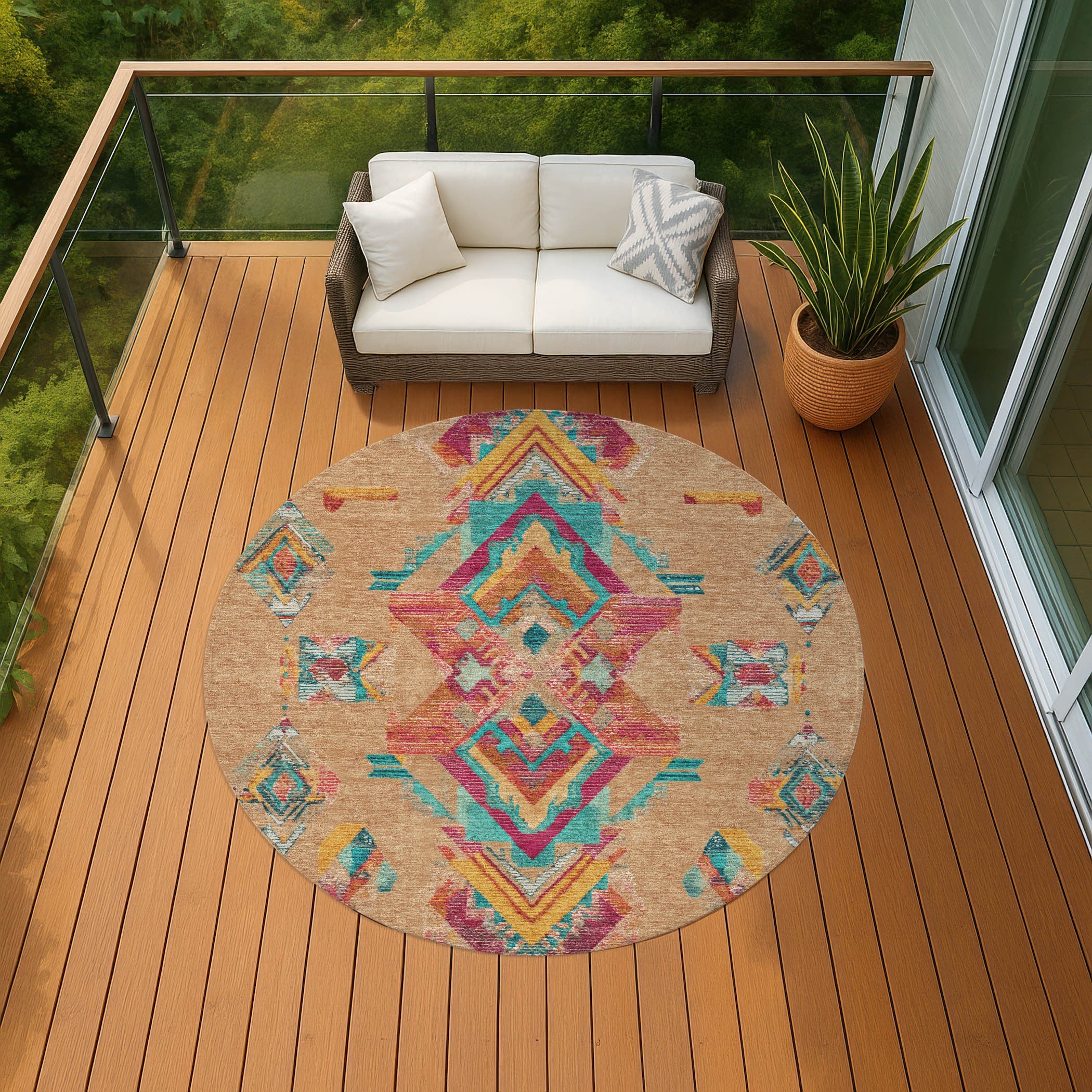 8' Copper And Ivory Round Tribal Washable Indoor Outdoor Area Rug Homeroots Outdoor