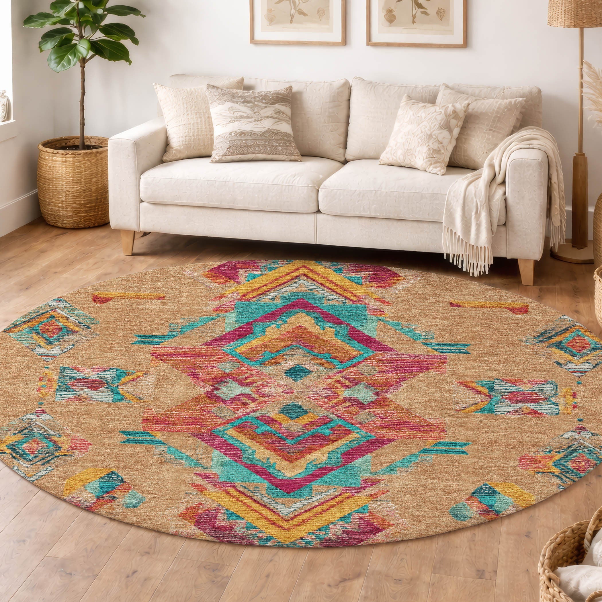 8' Copper And Ivory Round Tribal Washable Indoor Outdoor Area Rug Homeroots Outdoor